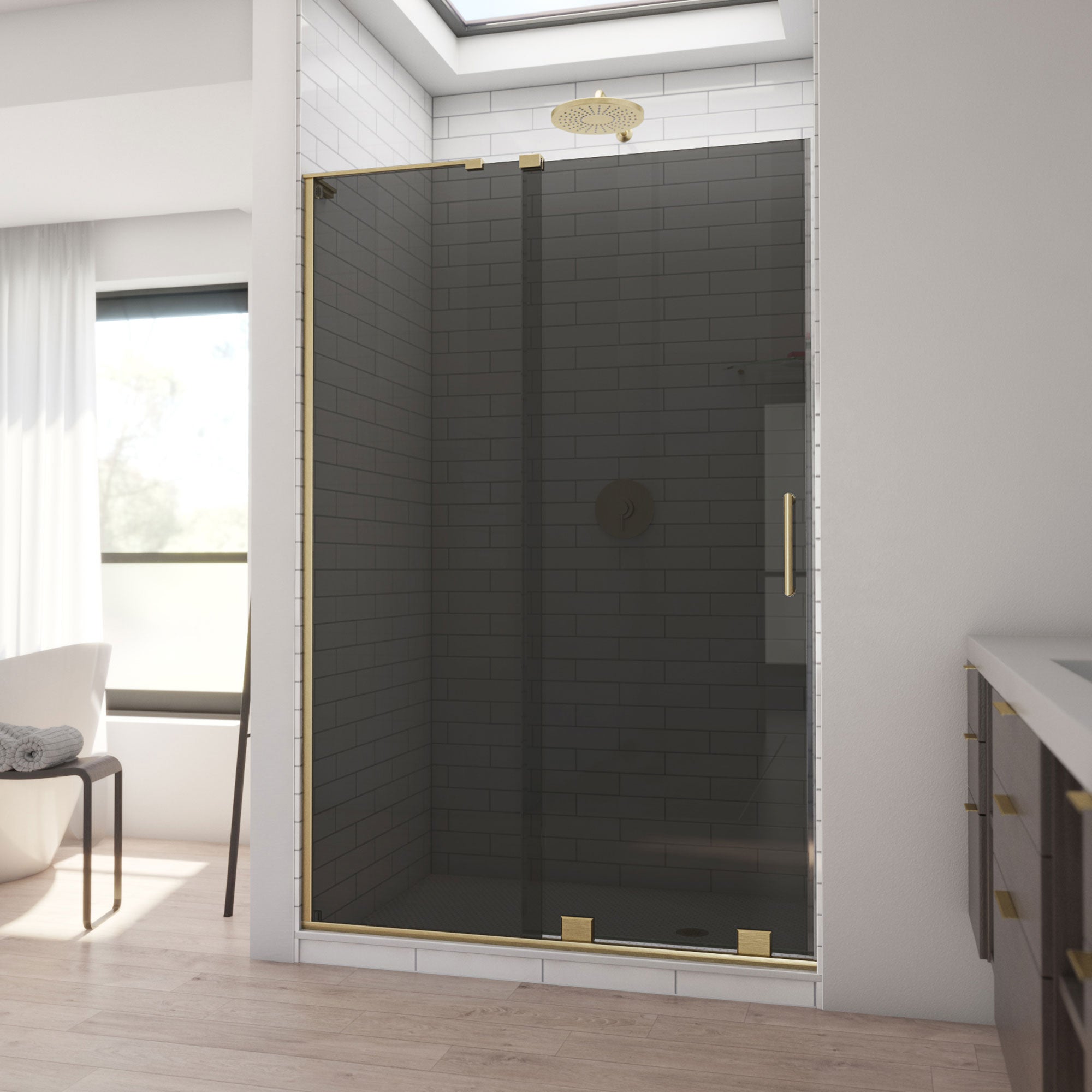 DreamLine, DreamLine SHDR1948723GR05 Mirage-X 44-48" W x 72" H Frameless Sliding Shower Door in Brushed Gold and Smoke Gray Glass