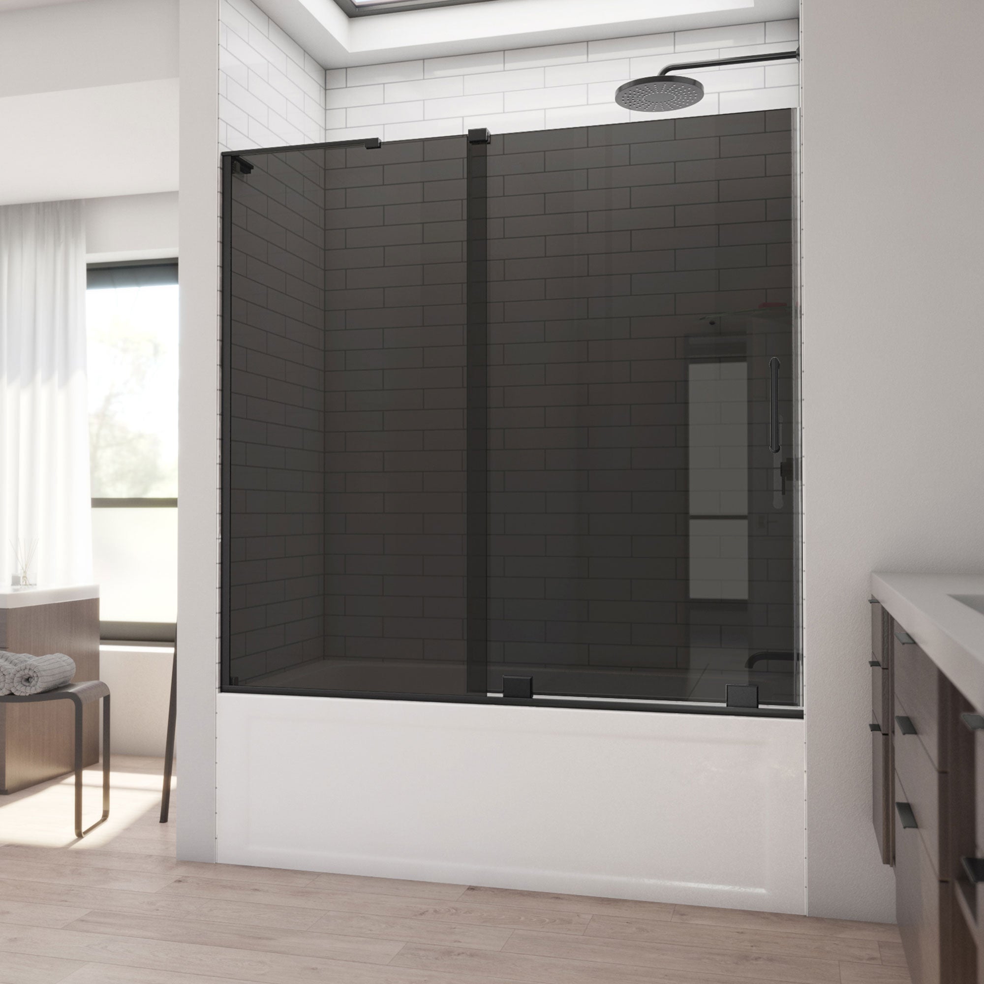 DreamLine, DreamLine SHDR1960580G-09 Mirage-X 56-60" W x 58" H Frameless Sliding Tub Door in Satin Black with Smoke Gray Glass