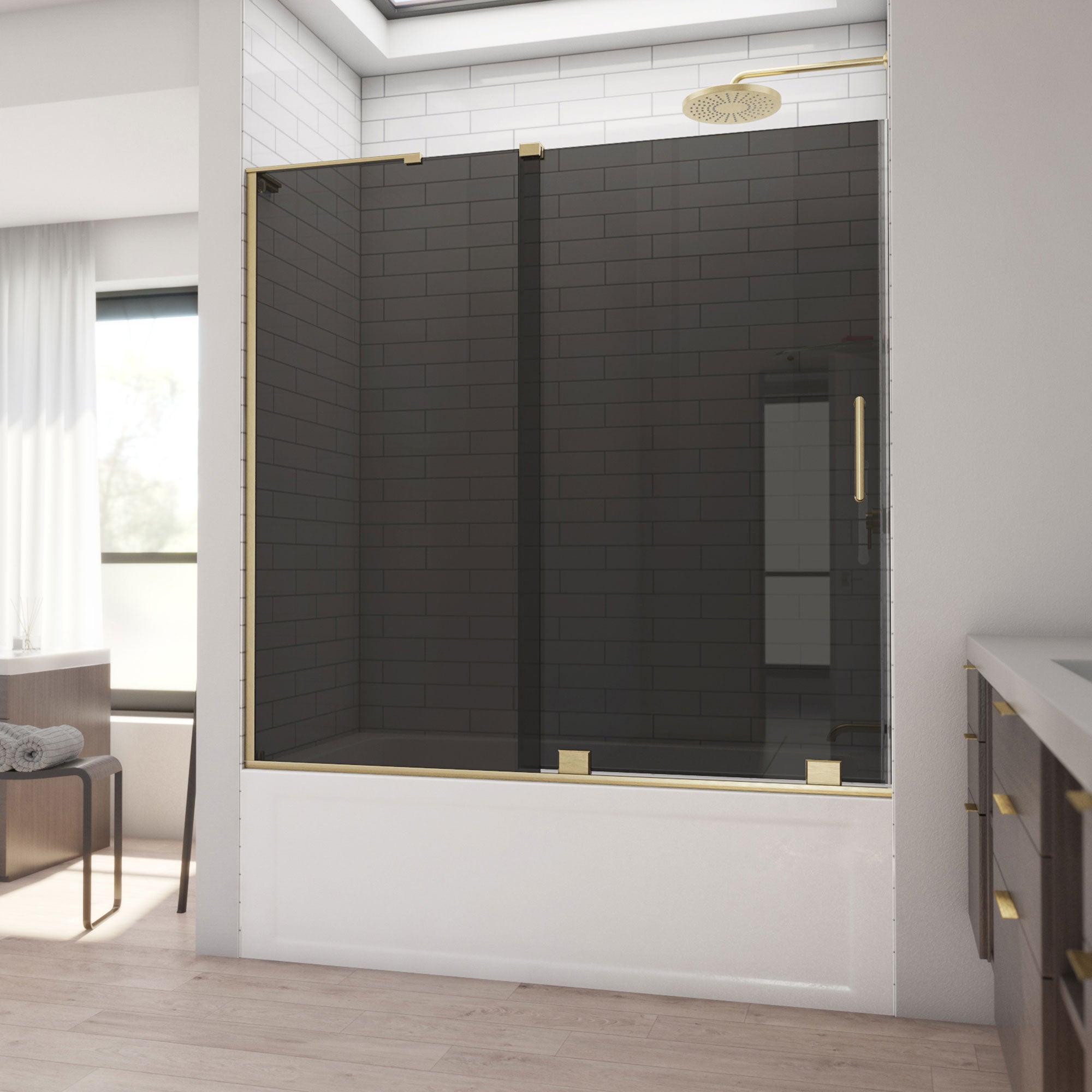 DreamLine, DreamLine SHDR1960580GR05 Mirage-X 56-60" W x 58" H Frameless Sliding Tub Door in Brushed Gold and Smoke Gray Glass