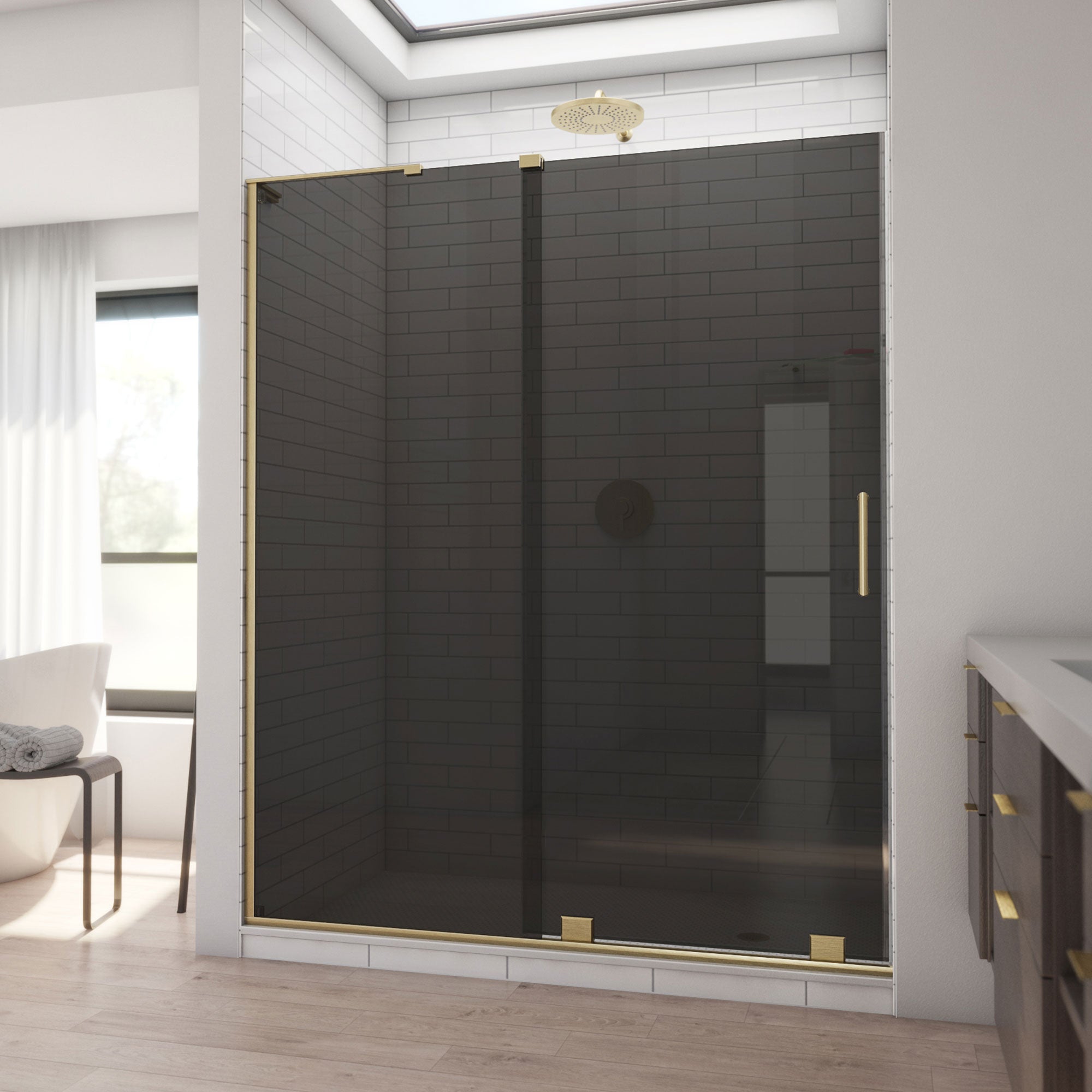 DreamLine, DreamLine SHDR1960723GR05 Mirage-X 56-60" W x 72" H Frameless Sliding Shower Door in Brushed Gold and Smoke Gray Glass