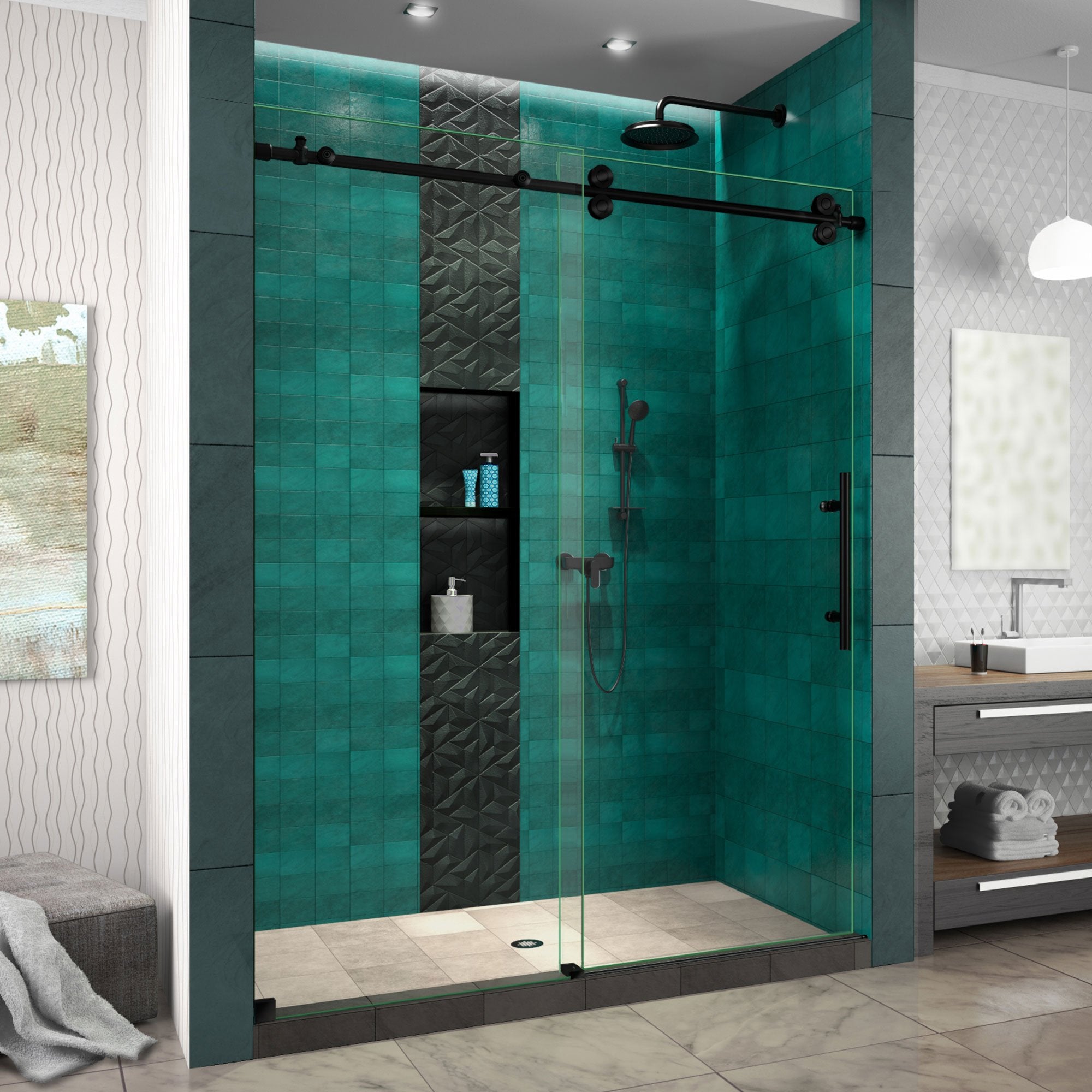 DreamLine, DreamLine SHDR61607620-09 Enigma-XO 56-60"W x 76"H Frameless Clear Glass Sliding Shower Door in Satin Black Stainless Steel