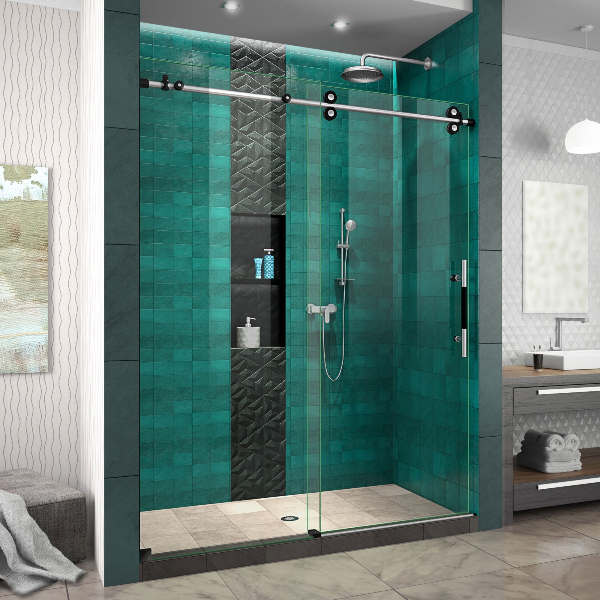 DreamLine, DreamLine SHDR61607620-17 Enigma-XO 56-60"W x 76"H Frameless Clear Glass Sliding Shower Door in Brushed Tuxedo