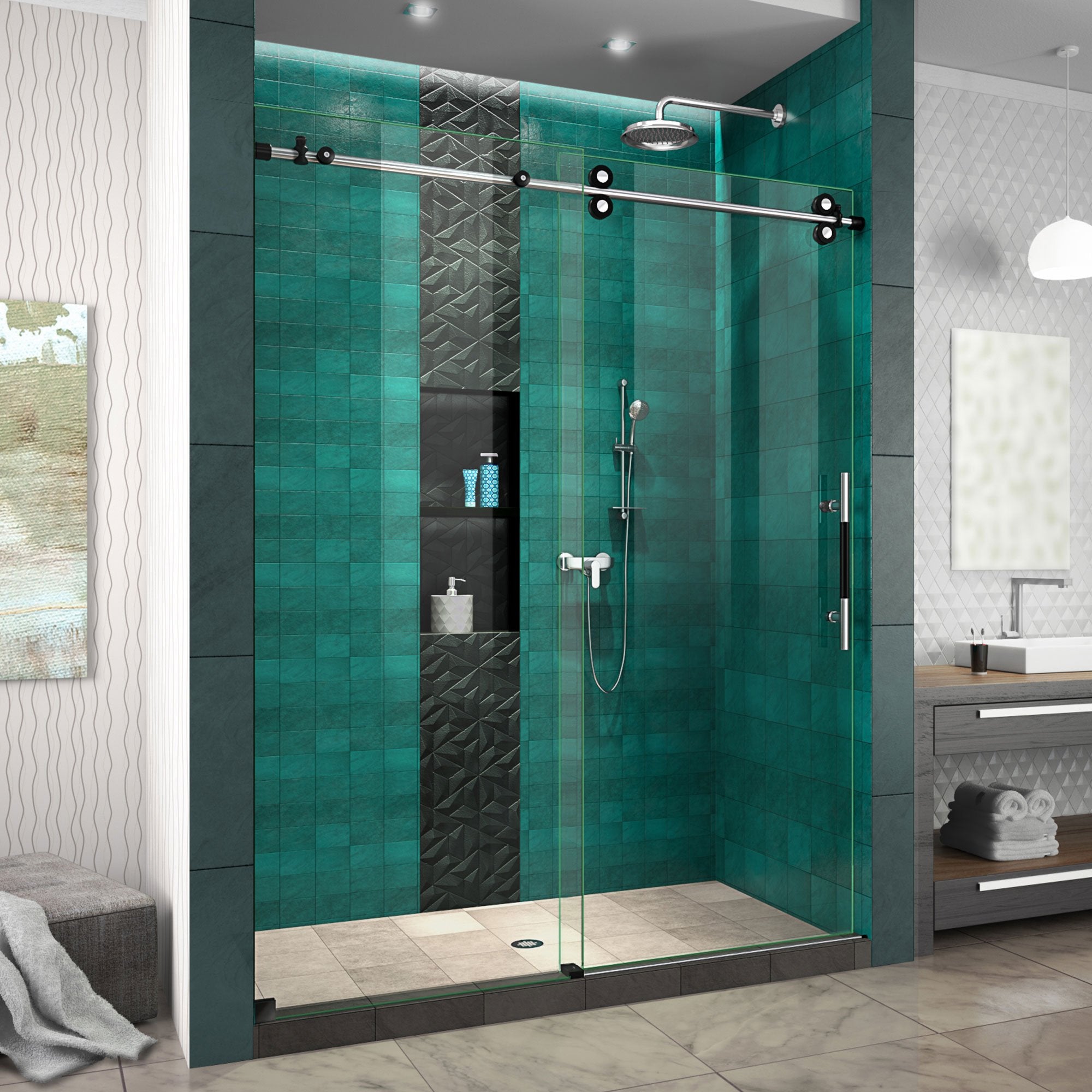 DreamLine, DreamLine SHDR61607620-18 Enigma-XO 56-60"W x 76"H Frameless Clear Glass Sliding Shower Door in Polished Tuxedo