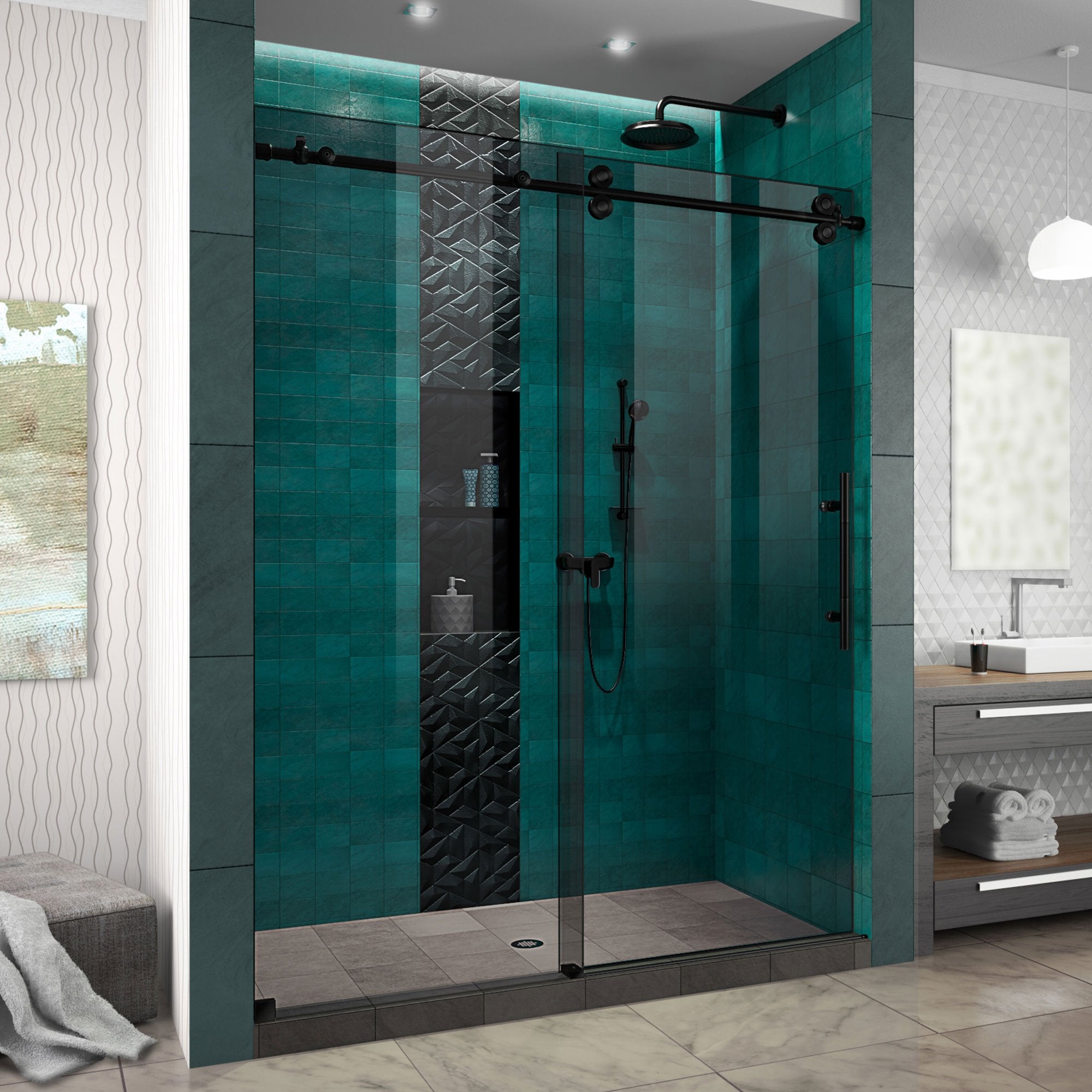 DreamLine, DreamLine SHDR6160762G-09 Enigma-XO 56-60"W x 76"H Frameless Smoke Gray Glass Sliding Shower Door in Satin Black Stainless Steel