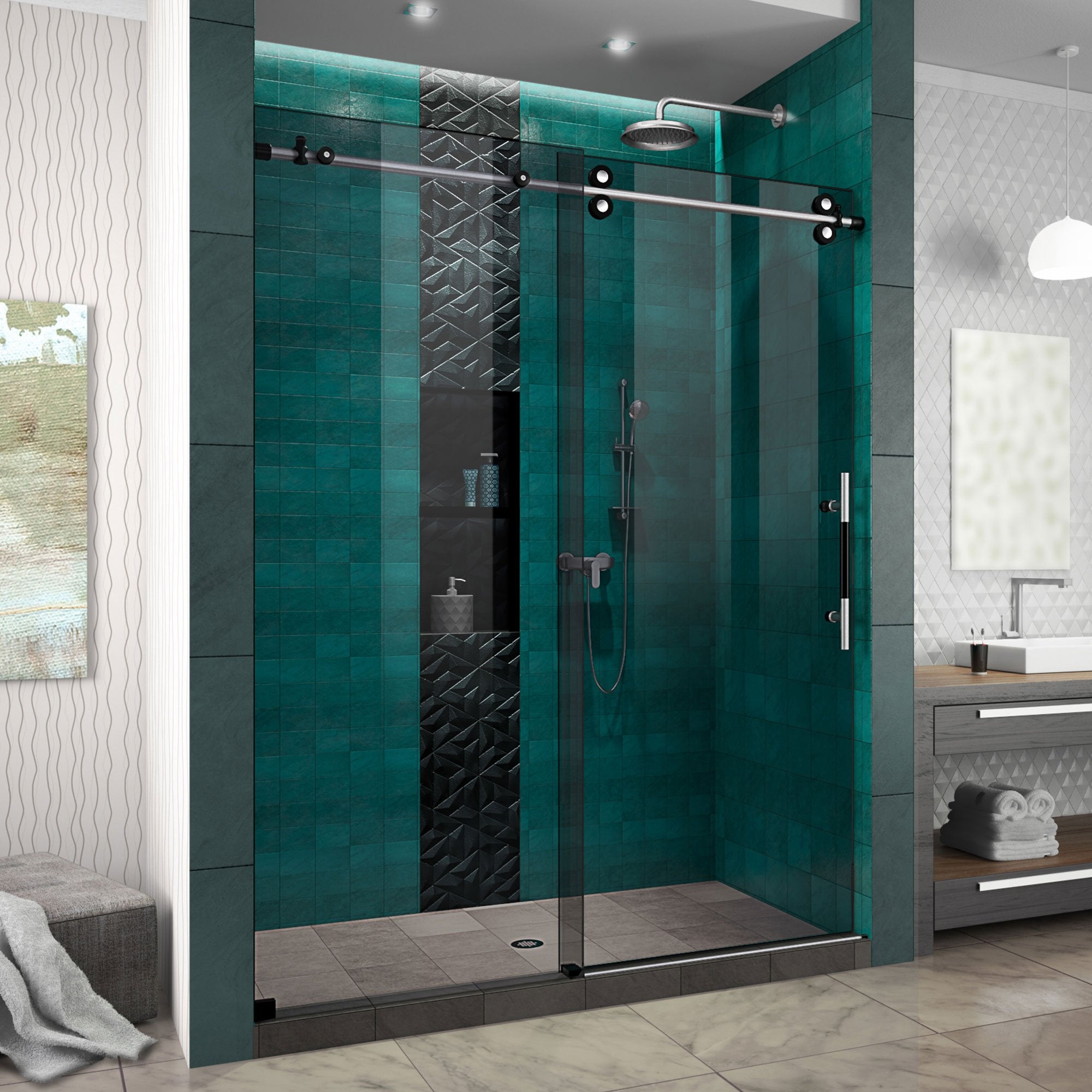 DreamLine, DreamLine SHDR6160762G-17 Enigma-XO 56-60"W x 76"H Frameless Smoke Gray Glass Sliding Shower Door in Brushed Tuxedo