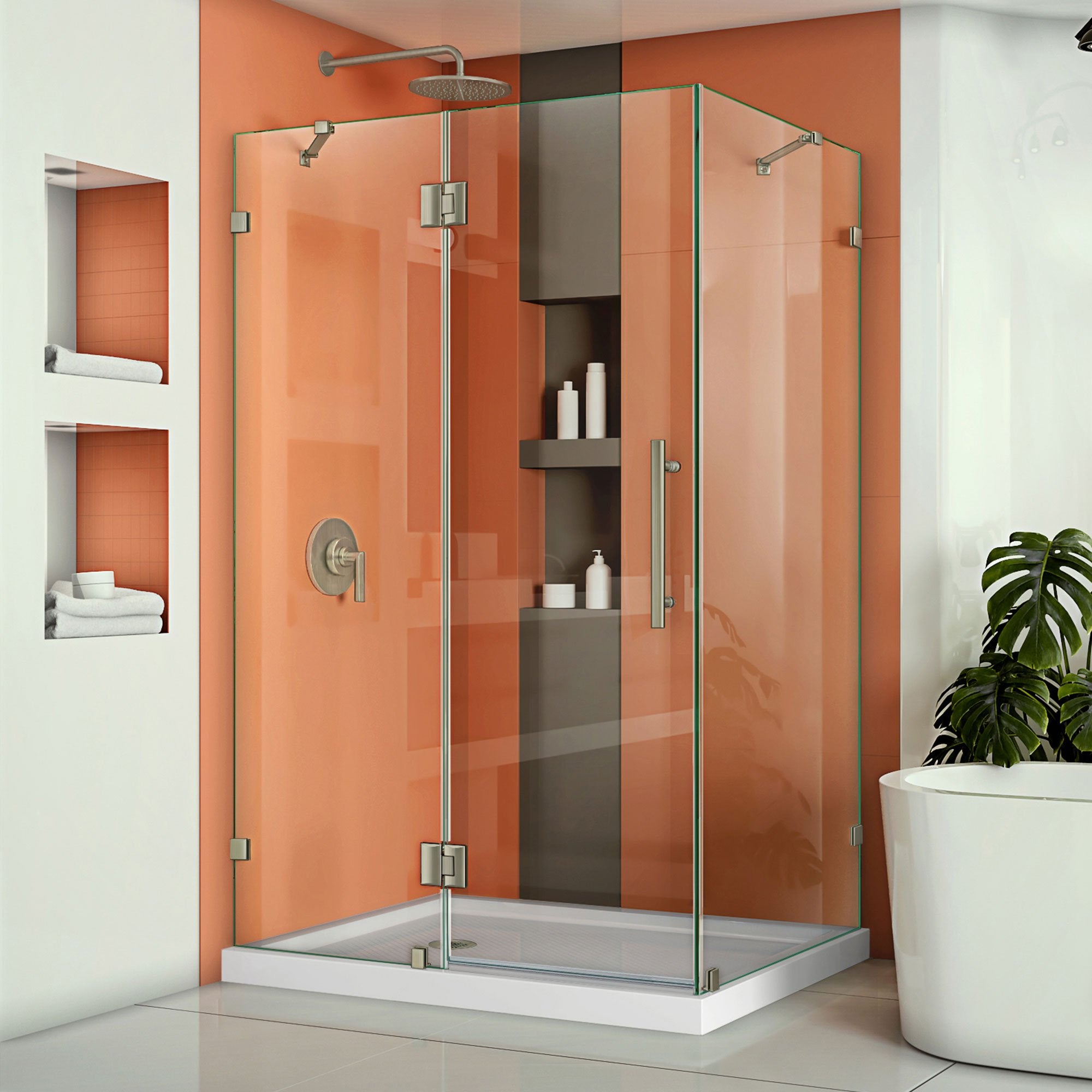 DreamLine, DreamLine SHEN-1334460-04 Quatra Lux 34 1/4"D x 46 3/8"W x 72"H Frameless Hinged Shower Enclosure in Brushed Nickel