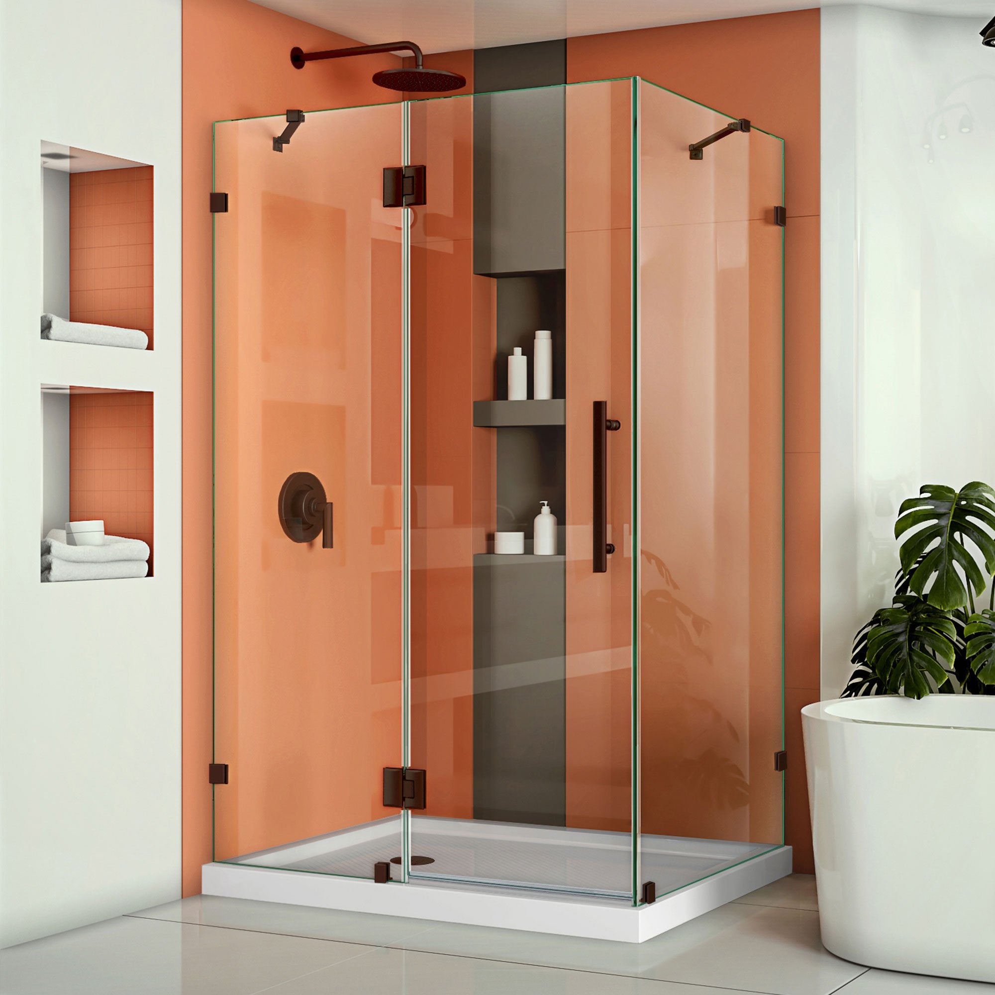 DreamLine, DreamLine SHEN-1334460-06 Quatra Lux 34 1/4"D x 46 3/8"W x 72"H Frameless Hinged Shower Enclosure in Oil Rubbed Bronze