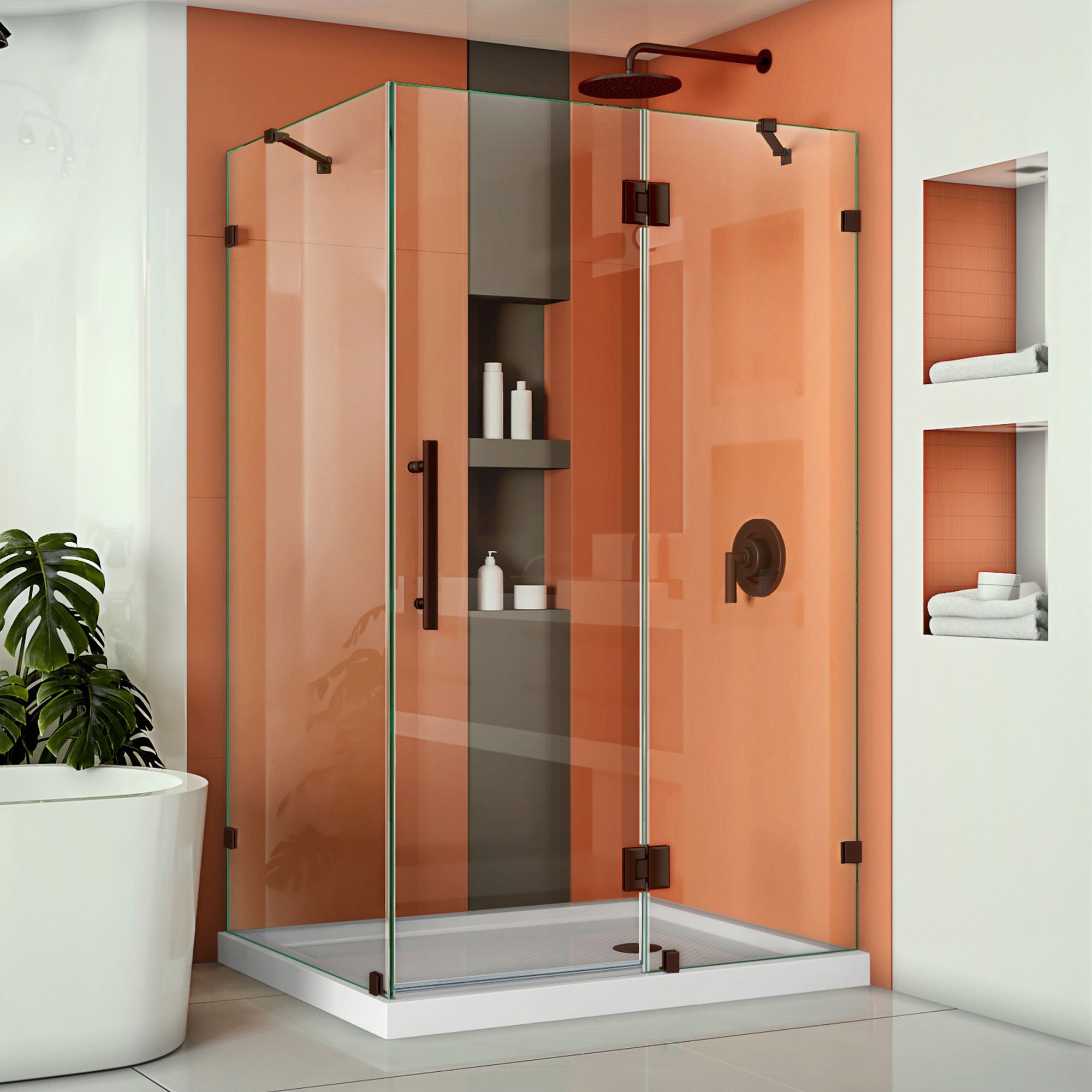 DreamLine, DreamLine SHEN-1334460-06 Quatra Lux 34 1/4"D x 46 3/8"W x 72"H Frameless Hinged Shower Enclosure in Oil Rubbed Bronze