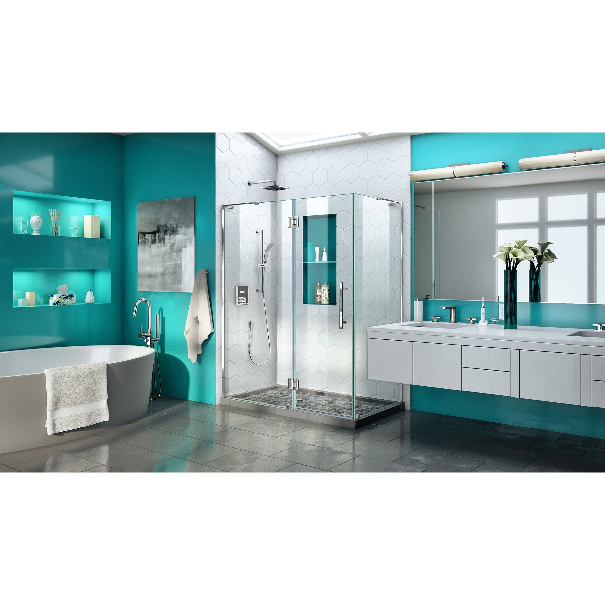 DreamLine, DreamLine SHEN-1432460-01 Quatra Plus 32"D x 46"W x 72"H Frameless Hinged Shower Enclosure in Chrome