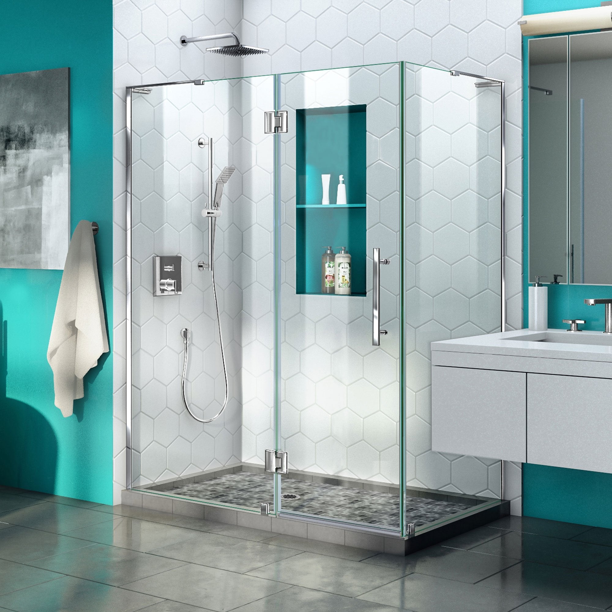 DreamLine, DreamLine SHEN-1432460-01 Quatra Plus 32"D x 46"W x 72"H Frameless Hinged Shower Enclosure in Chrome