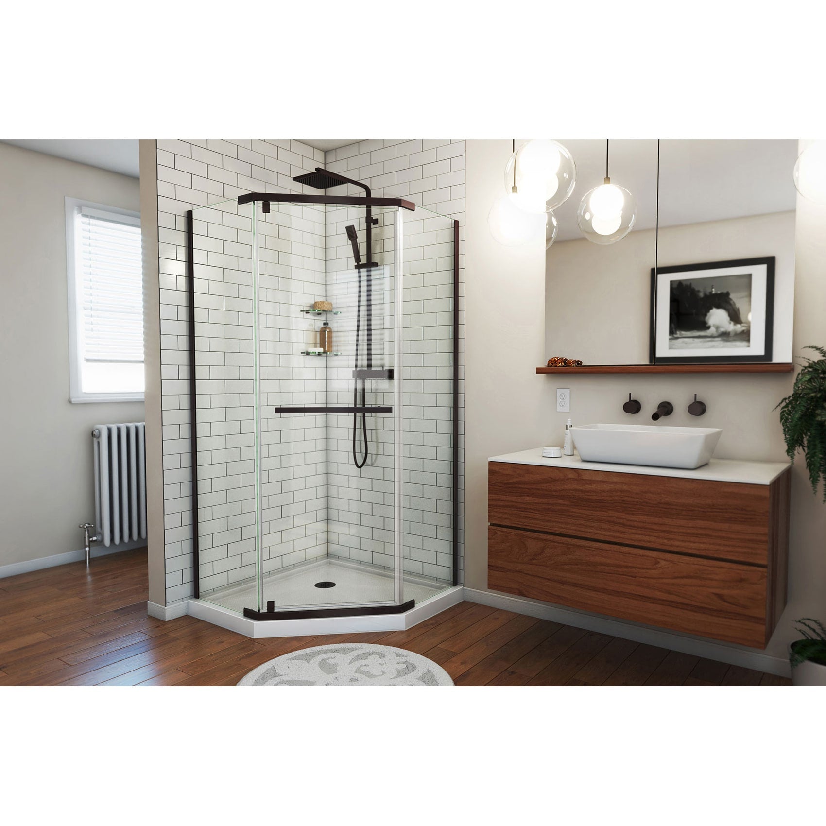 DreamLine, DreamLine SHEN-2134340-06 Prism 34 1/8 in. x 72 in. Frameless Neo-Angle Pivot Shower Enclosure in Oil Rubbed Bronze