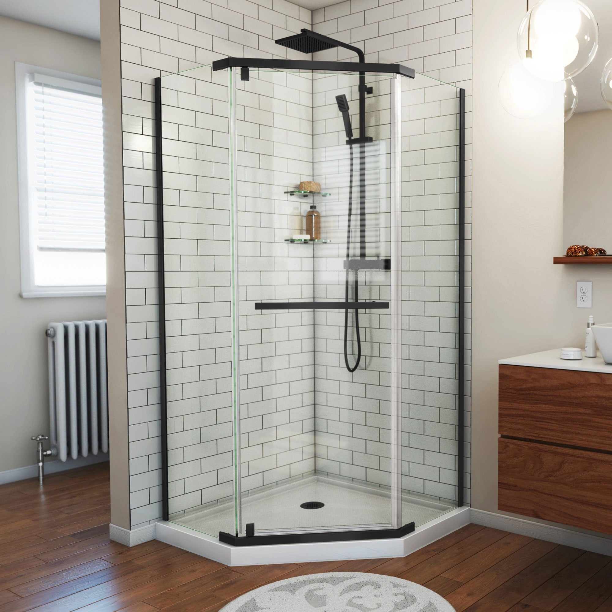 DreamLine, DreamLine SHEN-2134340-09 Prism 34 1/8 in. x 72 in. Frameless Neo-Angle Pivot Shower Enclosure in Satin Black