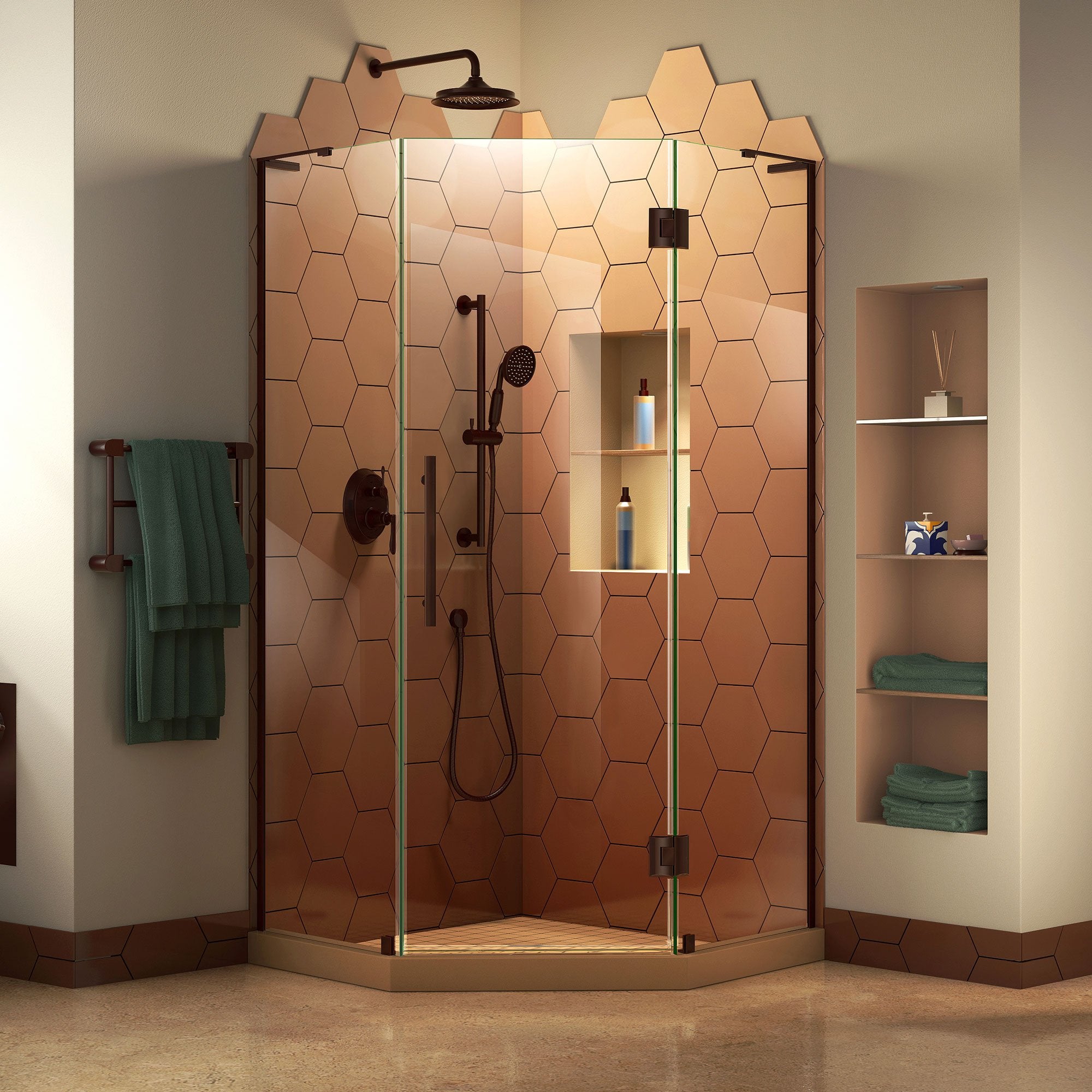 DreamLine, DreamLine SHEN-2634340-06 Prism Plus 34" x 72" Frameless Neo-Angle Hinged Shower Enclosure in Oil Rubbed Bronze