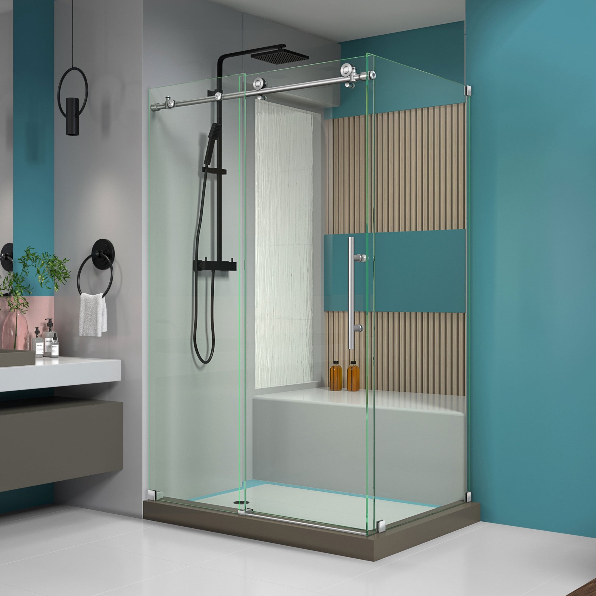 DreamLine, DreamLine SHEN-6132481-07 Enigma-X 32 1/2"D x 48 3/8"W x 76"H Fully Frameless Sliding Shower Enclosure in Brushed Stainless Steel