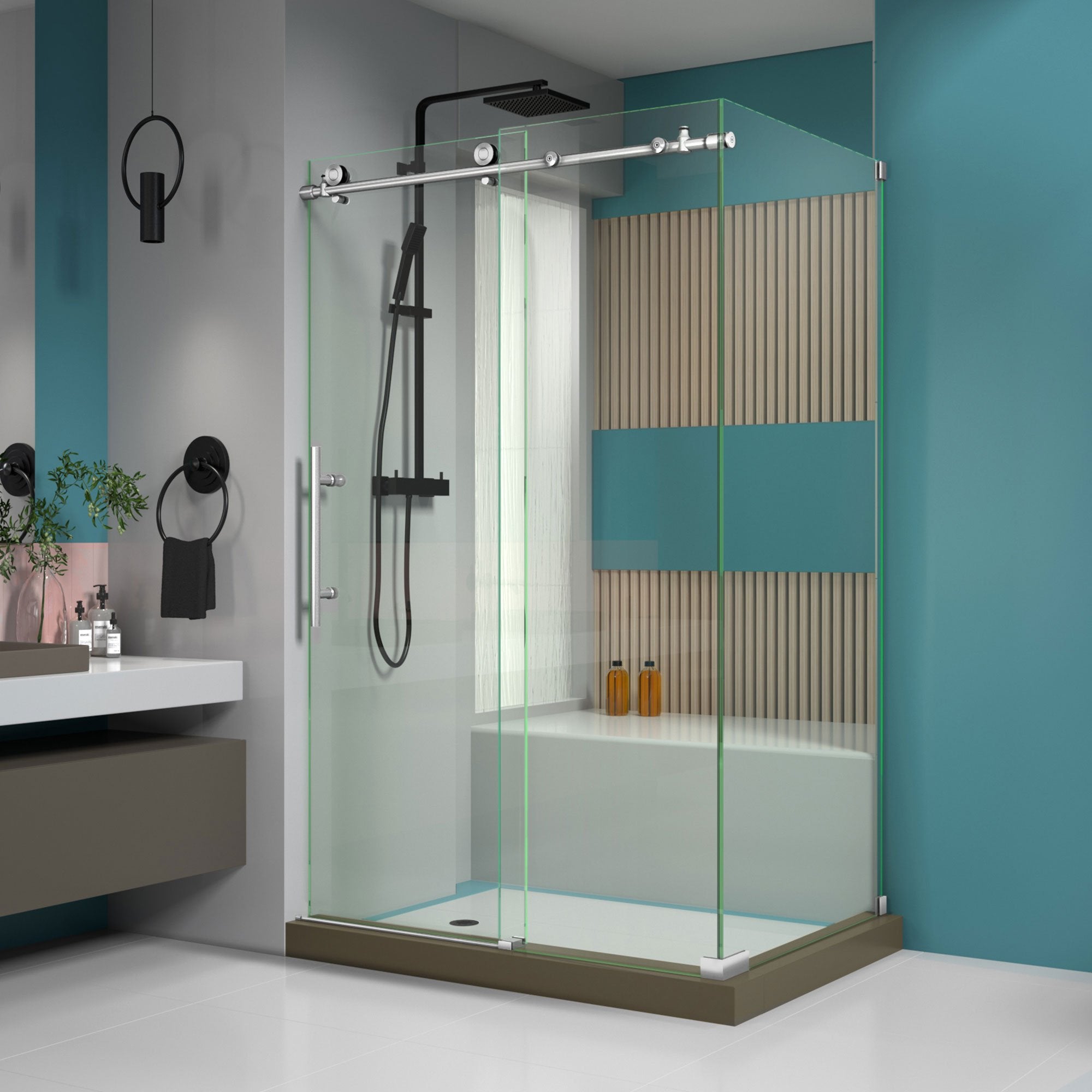 DreamLine, DreamLine SHEN-6132481-07 Enigma-X 32 1/2"D x 48 3/8"W x 76"H Fully Frameless Sliding Shower Enclosure in Brushed Stainless Steel