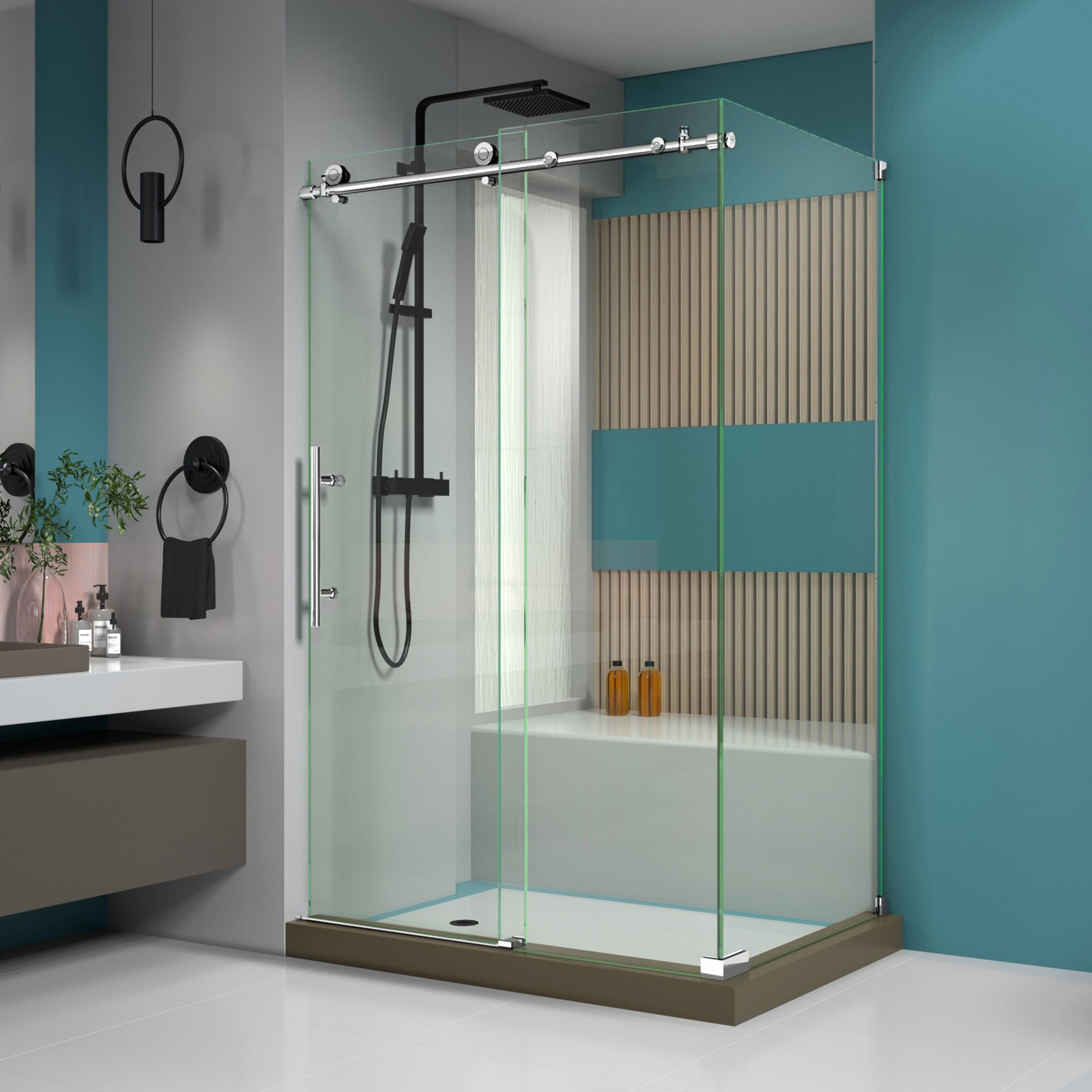 DreamLine, DreamLine SHEN-6132481-08 Enigma-X 32 1/2"D x 48 3/8"W x 76"H Fully Frameless Sliding Shower Enclosure in Polished Stainless Steel