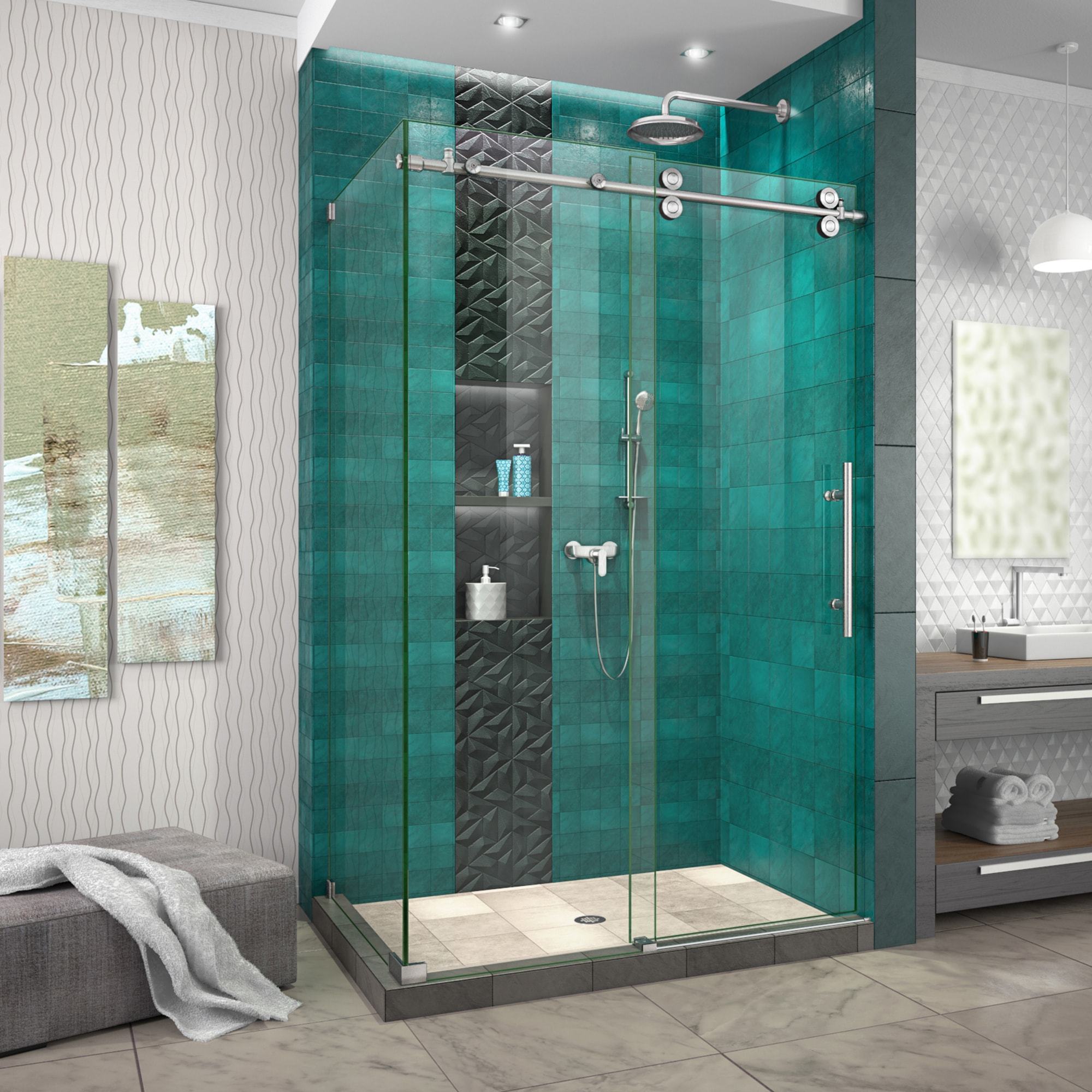 DreamLine, DreamLine SHEN-6132482-07 Enigma-XO 32 1/2"D x 44 3/8-48 3/8"W x 76"H Frameless Shower Enclosure in Brushed Stainless Steel