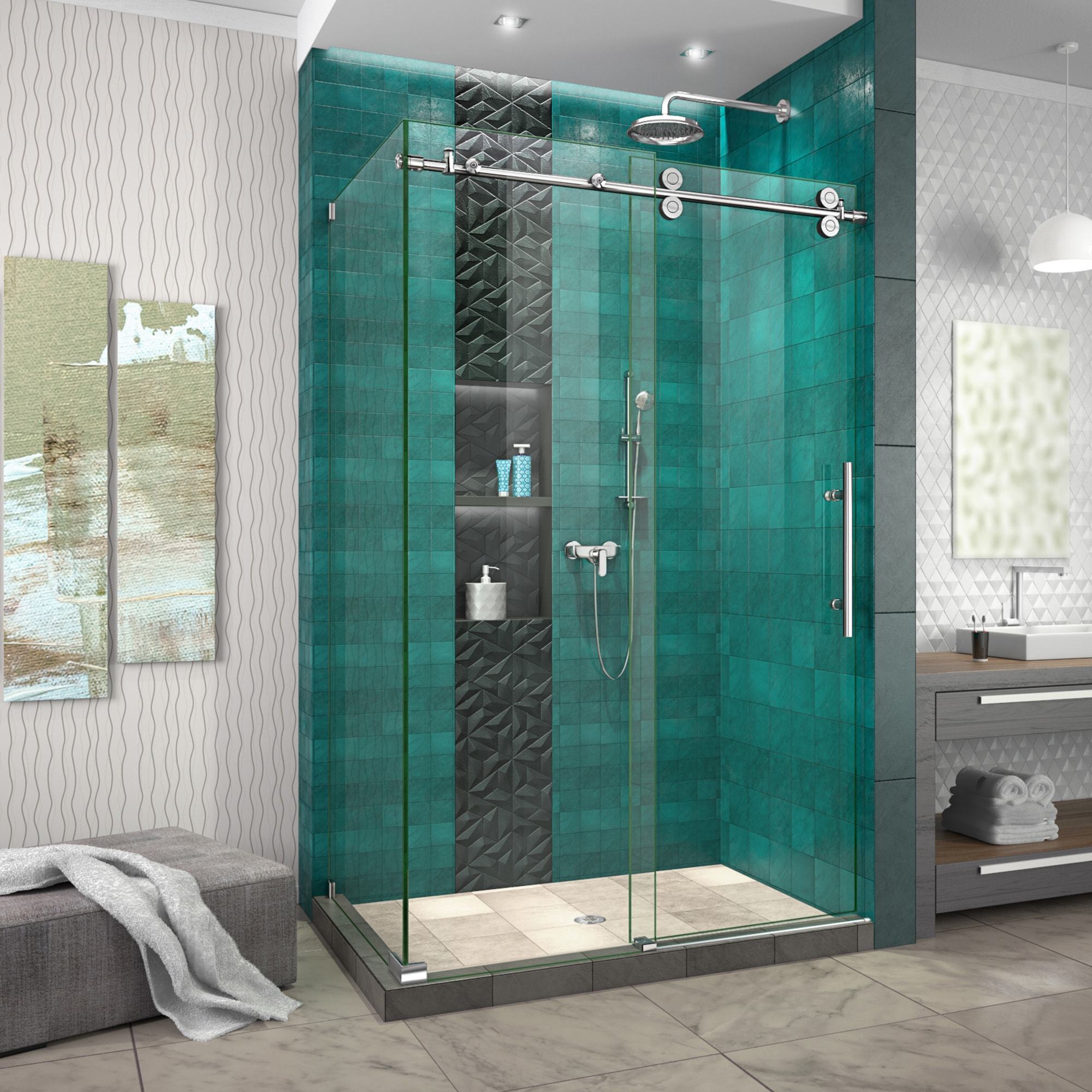 DreamLine, DreamLine SHEN-6132482-08 Enigma-XO 32 1/2"D x 44 3/8-48 3/8"W x 76"H Frameless Shower Enclosure in Polished Stainless Steel