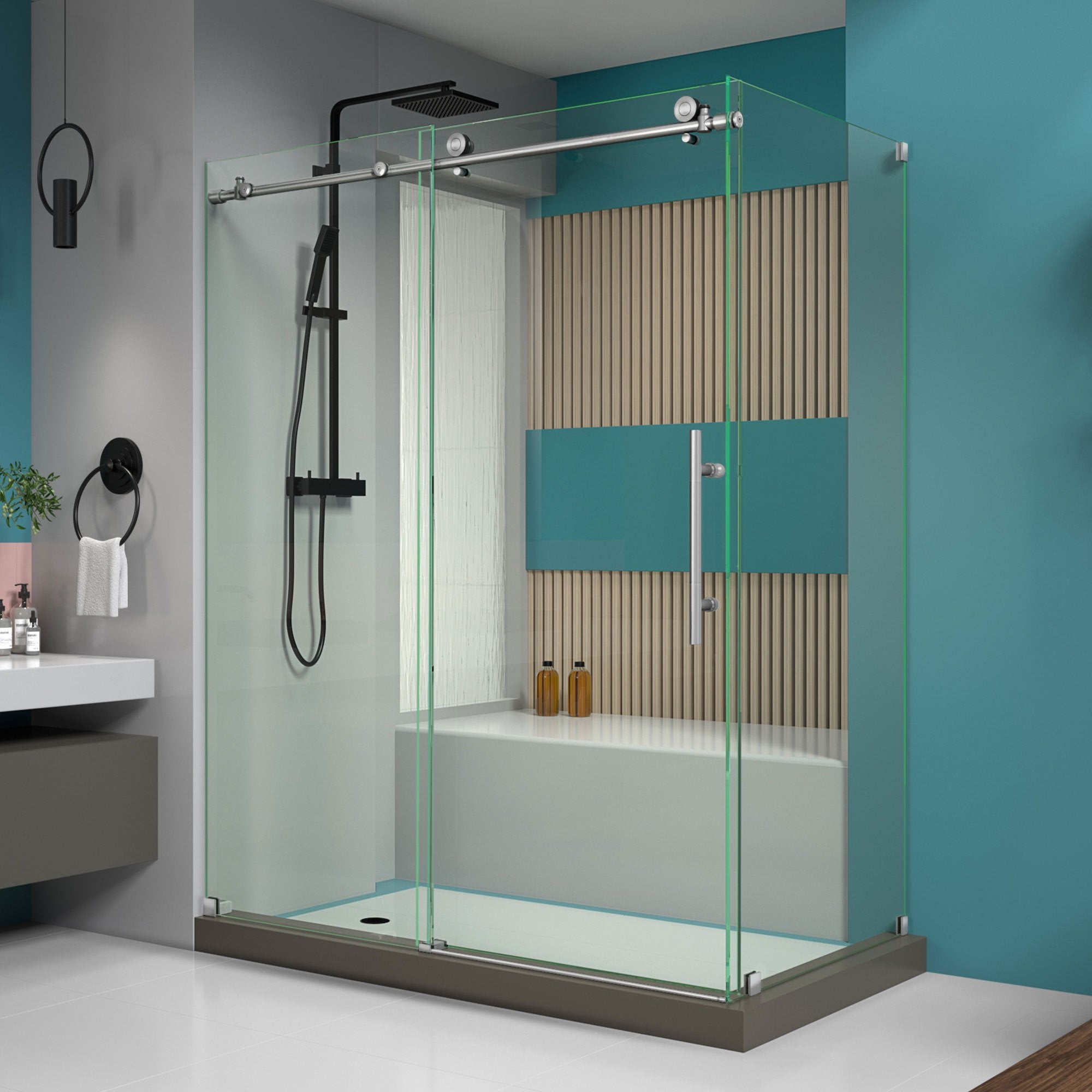 DreamLine, DreamLine SHEN-6132601-07 Enigma-X 32 1/2"D x 60 3/8"W x 76"H Fully Frameless Sliding Shower Enclosure in Brushed Stainless Steel