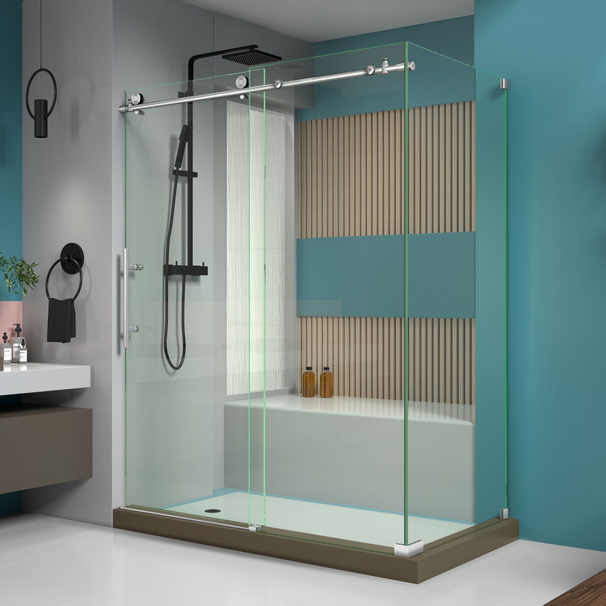 DreamLine, DreamLine SHEN-6132601-07 Enigma-X 32 1/2"D x 60 3/8"W x 76"H Fully Frameless Sliding Shower Enclosure in Brushed Stainless Steel