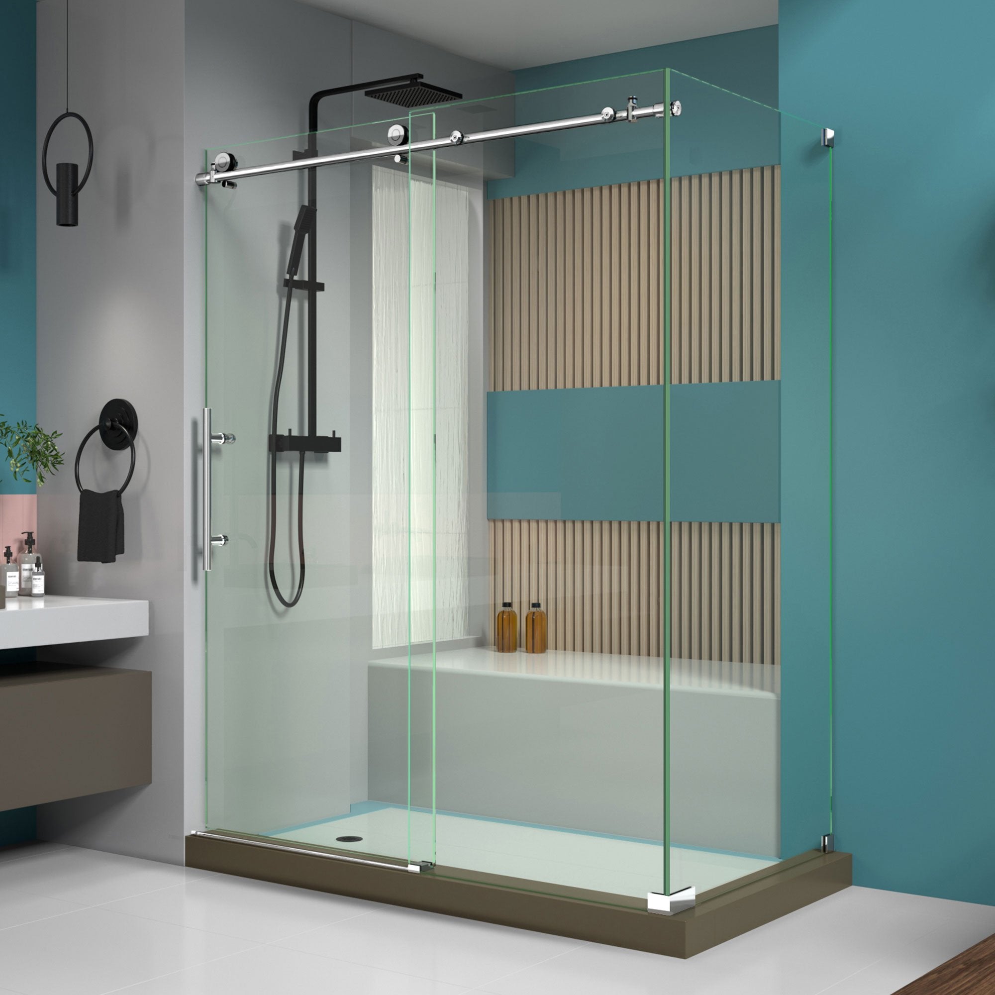 DreamLine, DreamLine SHEN-6132601-08 Enigma-X 32 1/2"D x 60 3/8"W x 76"H Fully Frameless Sliding Shower Enclosure in Polished Stainless Steel