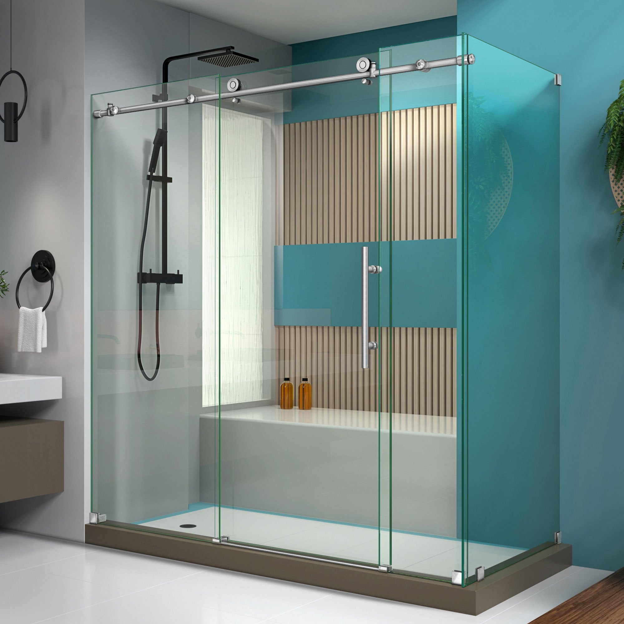 DreamLine, DreamLine SHEN-6132721-07 Enigma-X 32 1/2"D x 72 3/8"W x 76"H Fully Frameless Sliding Shower Enclosure in Brushed Stainless Steel