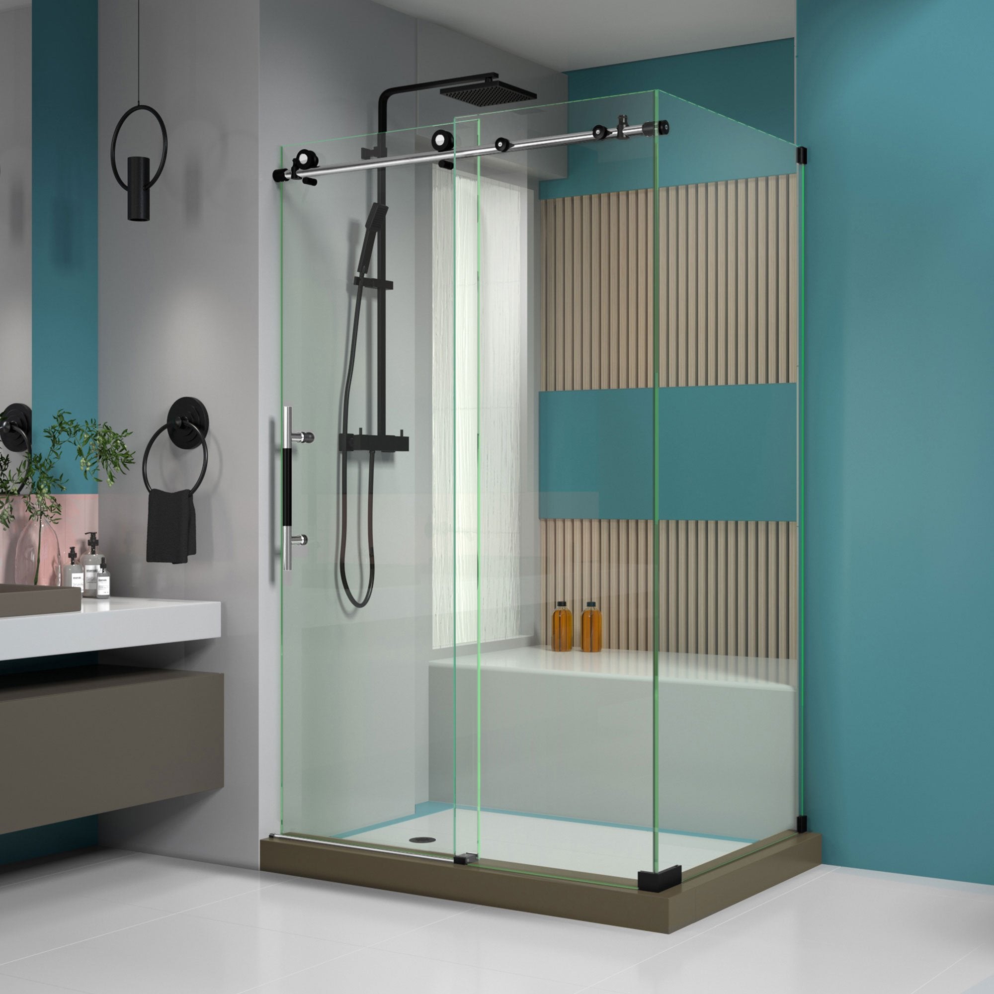 DreamLine, DreamLine SHEN-6134480-18 Enigma-XT 34 1/2"D x 48 3/8"W x 76"H Fully Frameless Sliding Shower Enclosure in Tuxedo Finish