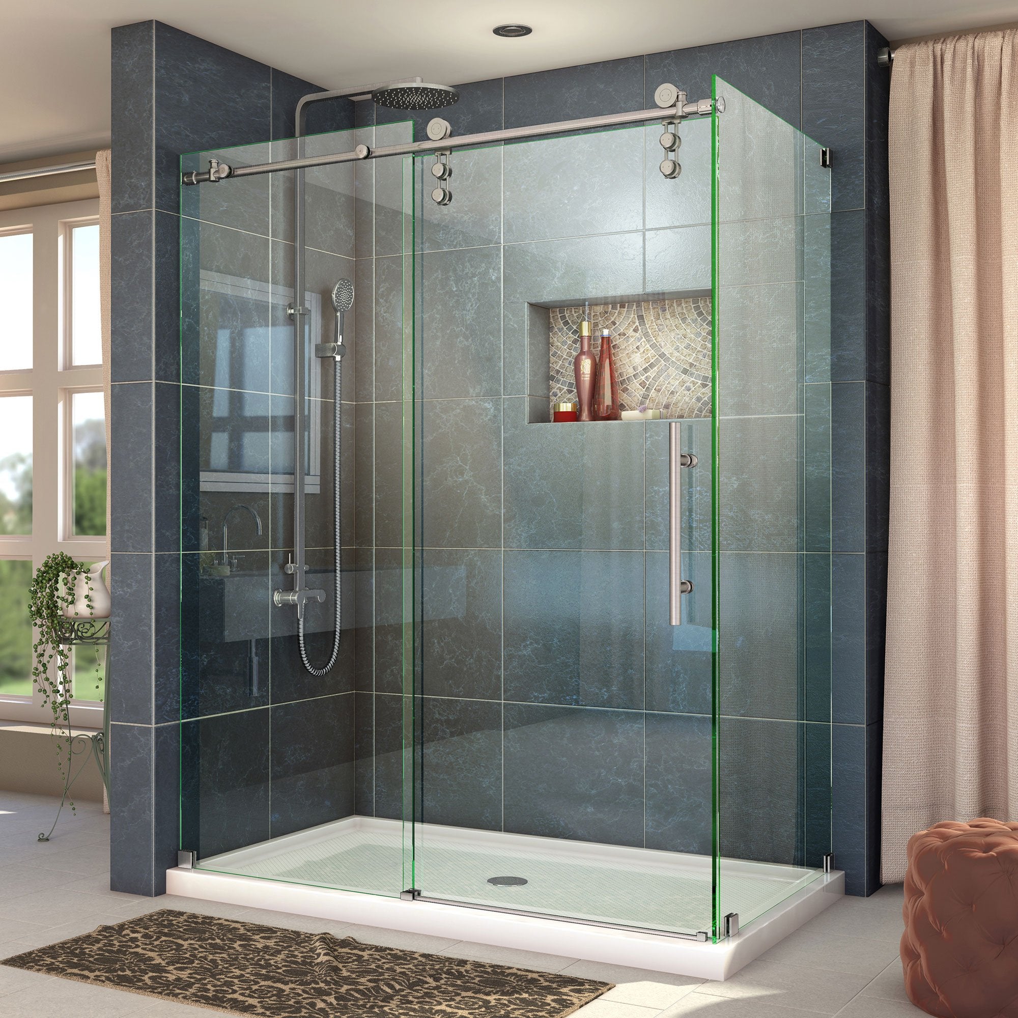 DreamLine, DreamLine SHEN-6234600-07 Enigma-Z 34 1/2"D x 60 3/8"W x 76"H Fully Frameless Sliding Shower Enclosure in Brushed Stainless Steel