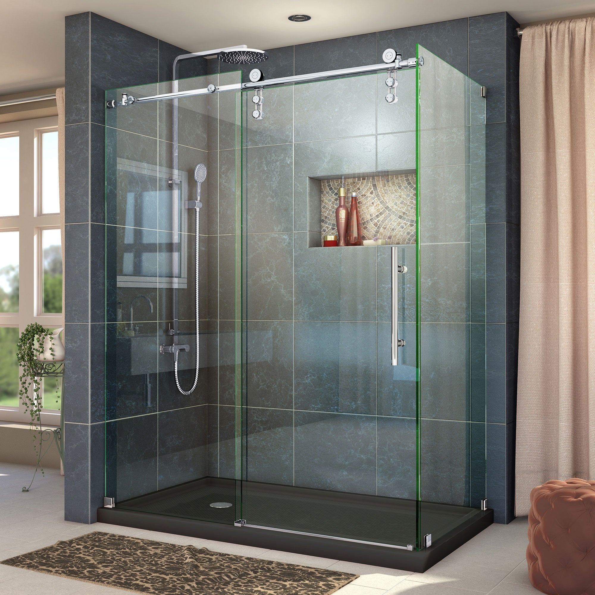 DreamLine, DreamLine SHEN-6234600-08 Enigma-Z 34 1/2"D x 60 3/8"W x 76"H Fully Frameless Sliding Shower Enclosure in Polished Stainless Steel