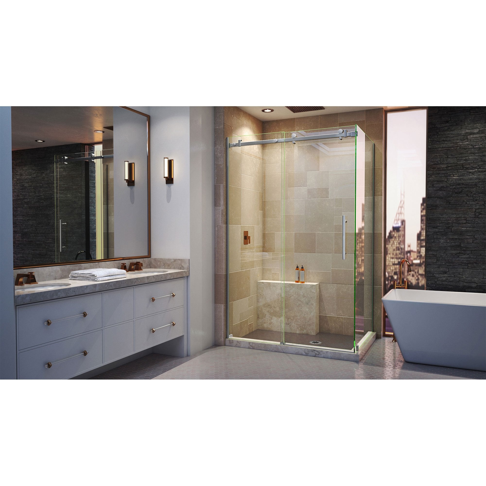 DreamLine, DreamLine SHEN-6434480-07 Enigma Air 34 3/4"D x 48 3/8"W x 76"H Frameless Sliding Shower Enclosure in Brushed Stainless Steel