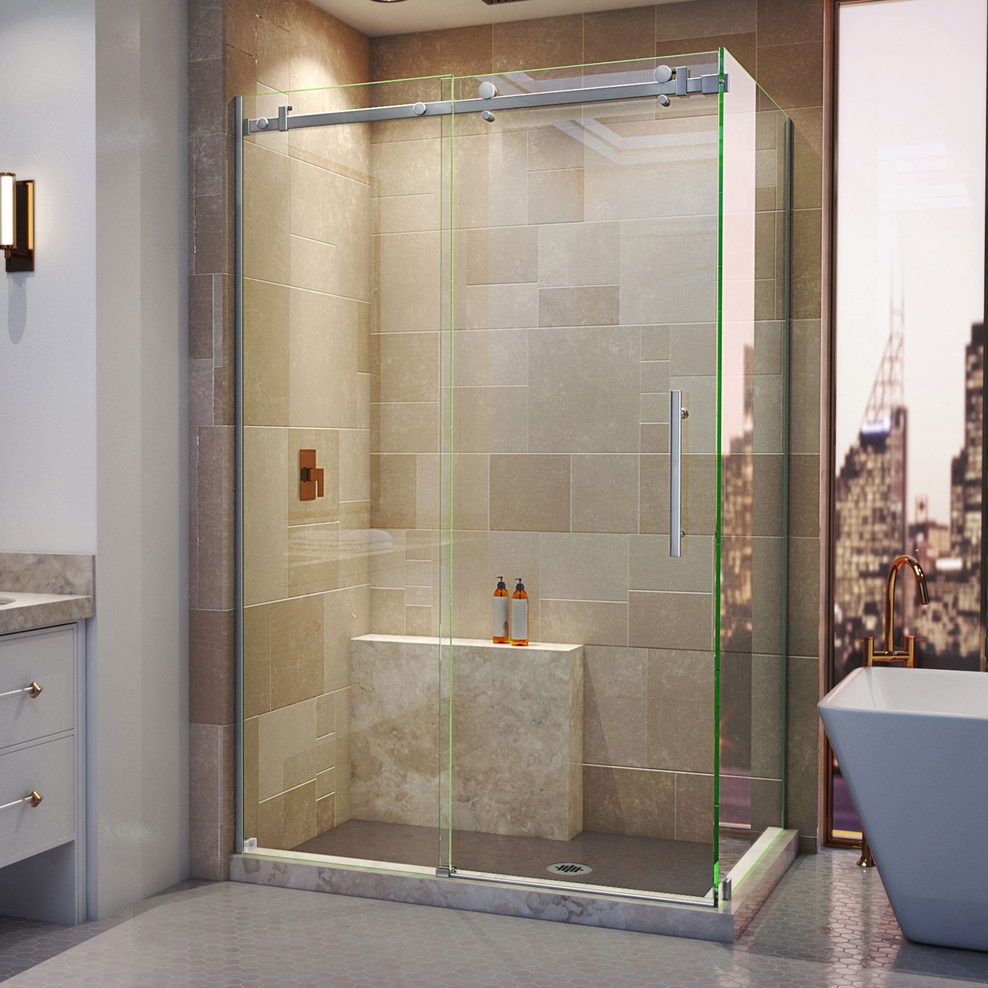 DreamLine, DreamLine SHEN-6434480-07 Enigma Air 34 3/4"D x 48 3/8"W x 76"H Frameless Sliding Shower Enclosure in Brushed Stainless Steel