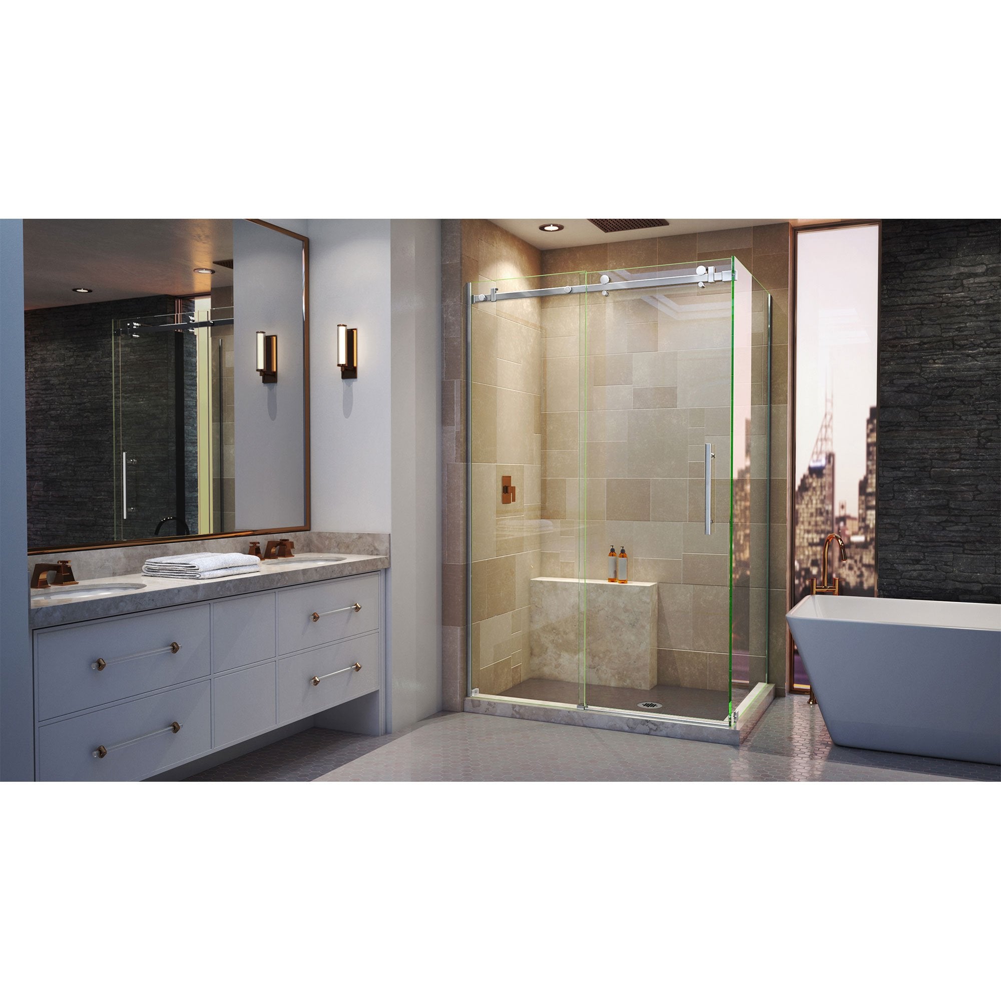 DreamLine, DreamLine SHEN-6434480-08 Enigma Air 34 3/4"D x 48 3/8"W x 76"H Frameless Sliding Shower Enclosure in Polished Stainless Steel