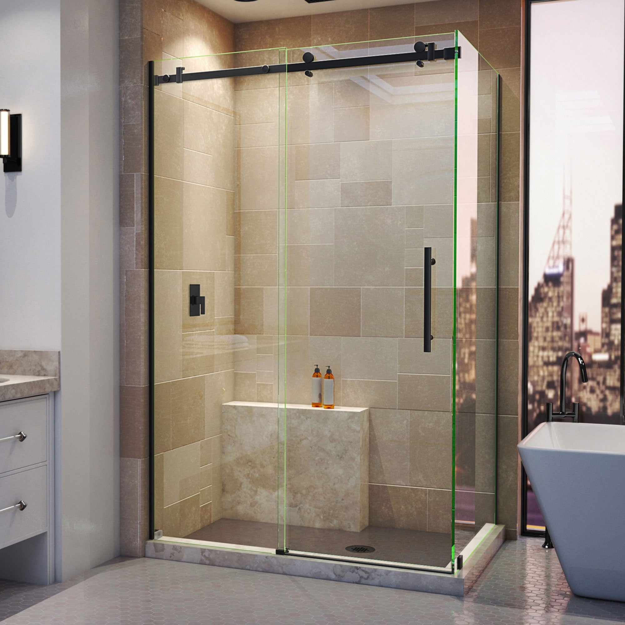 DreamLine, DreamLine SHEN-6434480-09 Enigma Air 34 3/4 in. D x 48 3/8 in. W x 76 in. H Frameless Sliding Shower Enclosure in Satin Black