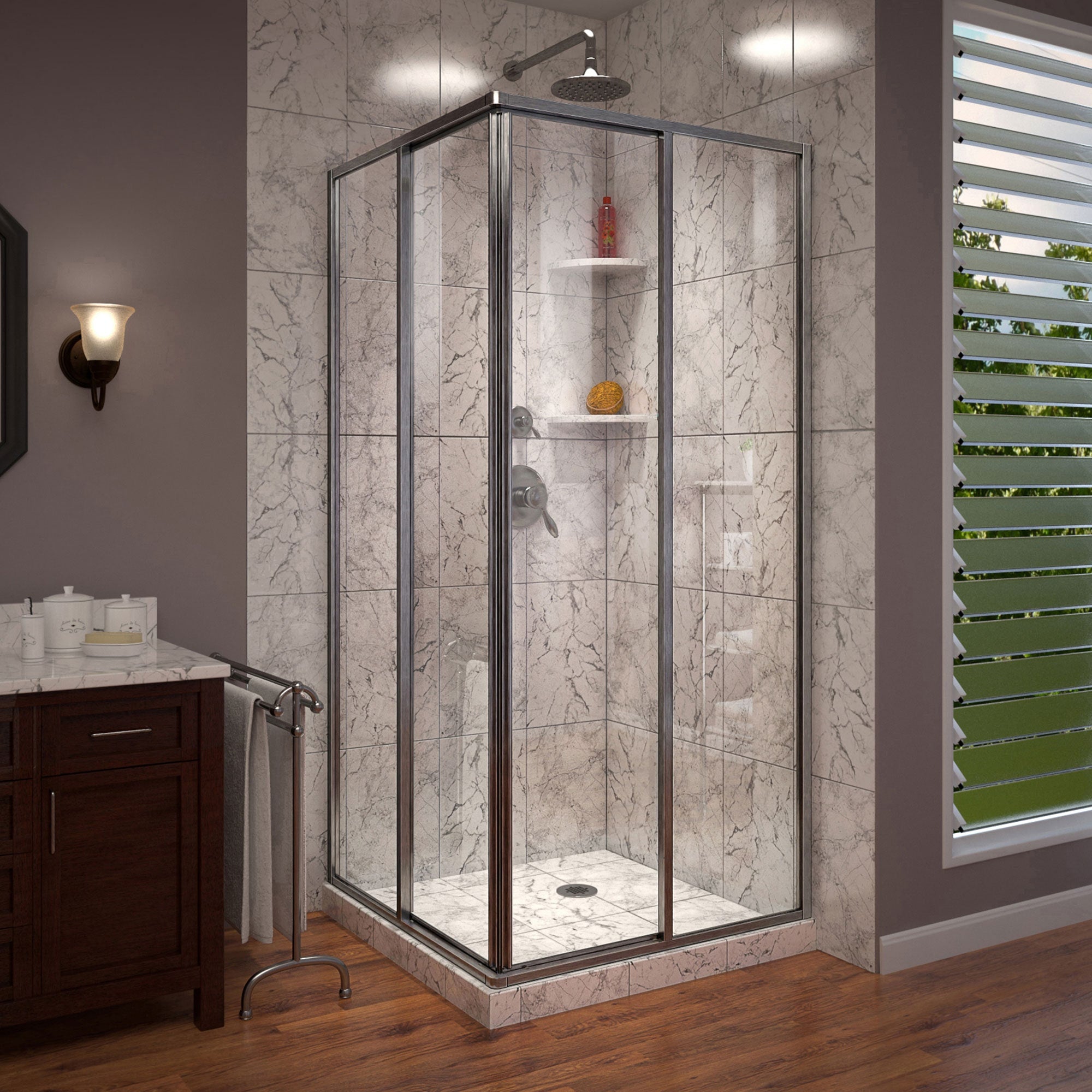 DreamLine, DreamLine SHEN-8134340-04 Cornerview 34 1/2 in. D x 34 1/2 in. W x 72 in. H Framed Sliding Shower Enclosure in Brushed Nickel