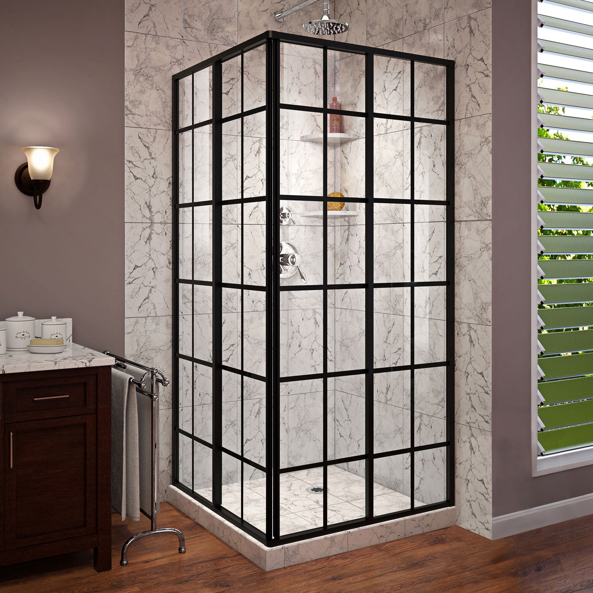 DreamLine, DreamLine SHEN-8134340-89 French Corner 34 1/2"D x 34 1/2"W x 72"H Framed Sliding Shower Enclosure in Satin Black