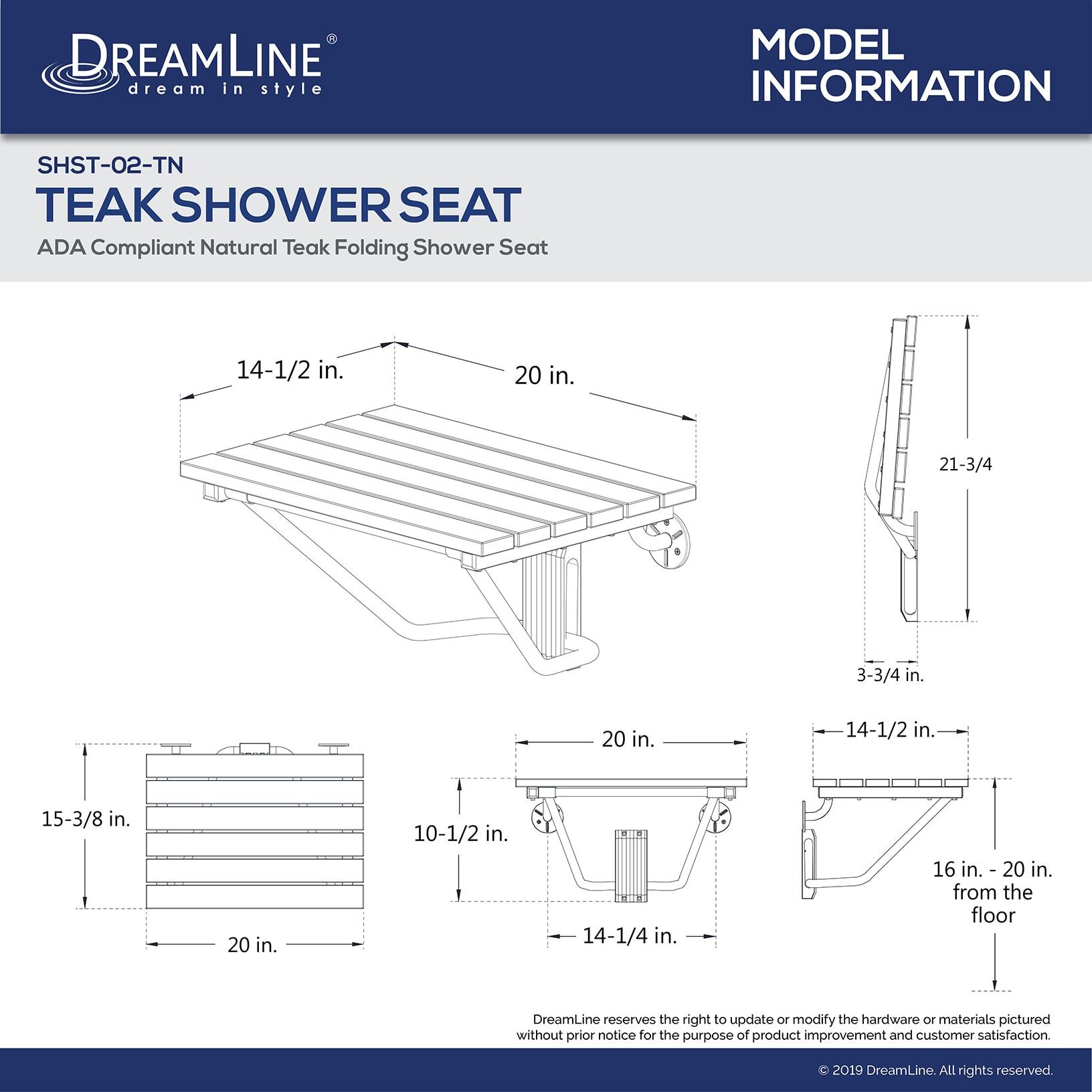 DreamLine, DreamLine SHST-02-TN Natural Teak ADA Compliant Folding Shower Seat