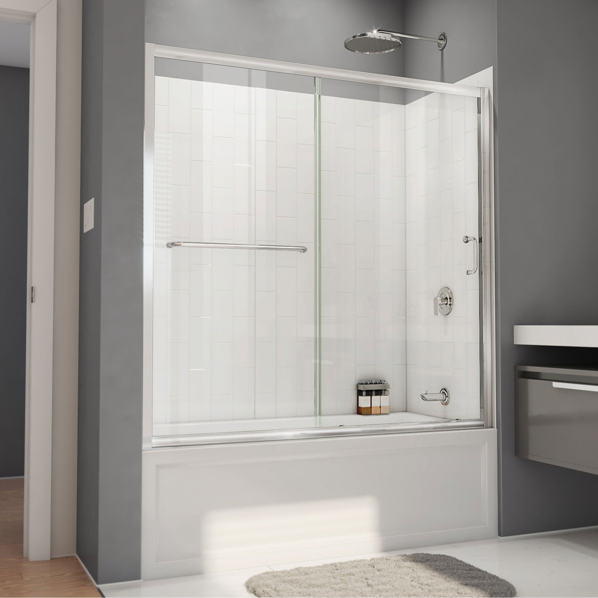 DreamLine, DreamLine TB096060XXX0001 Infinity-Z 56-60" W x 60" H Sliding Tub Door and White Wall Kit in Chrome and Clear Glass