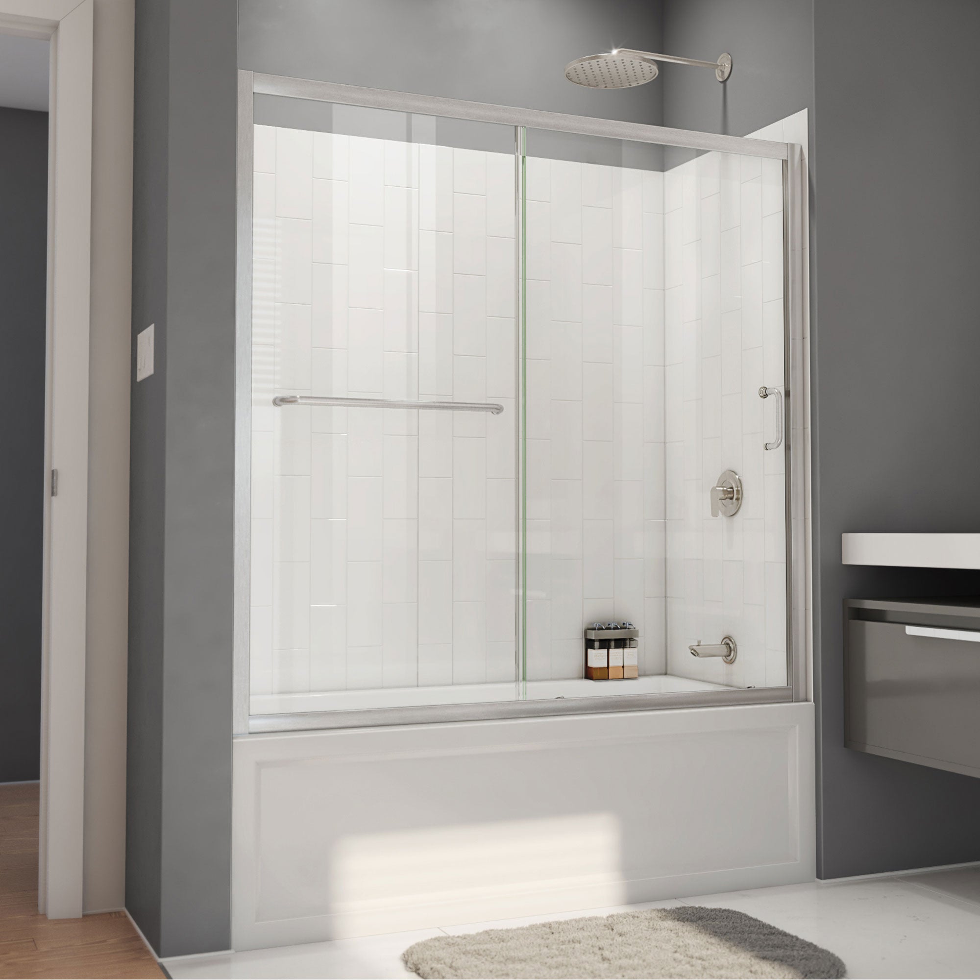 DreamLine, DreamLine TB096060XXX0004 Infinity-Z 56-60" W x 60" H Sliding Tub Door and White Wall Kit in Brushed Nickel and Clear Glass