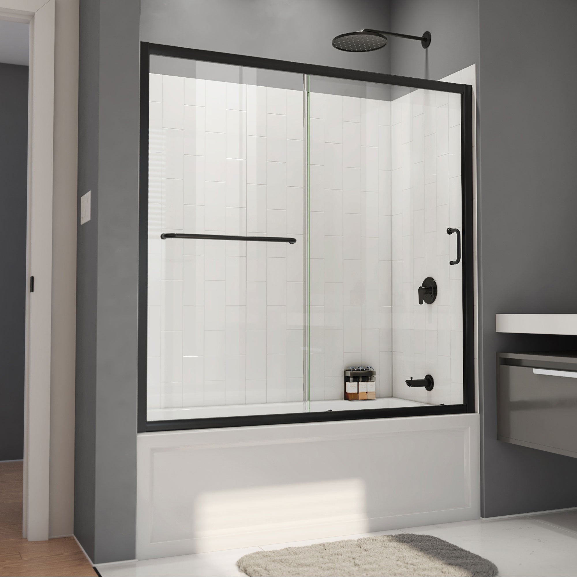 DreamLine, DreamLine TB096060XXX0009 Infinity-Z 56-60" W x 60" H Sliding Tub Door and White Wall Kit in Satin Black and Clear Glass