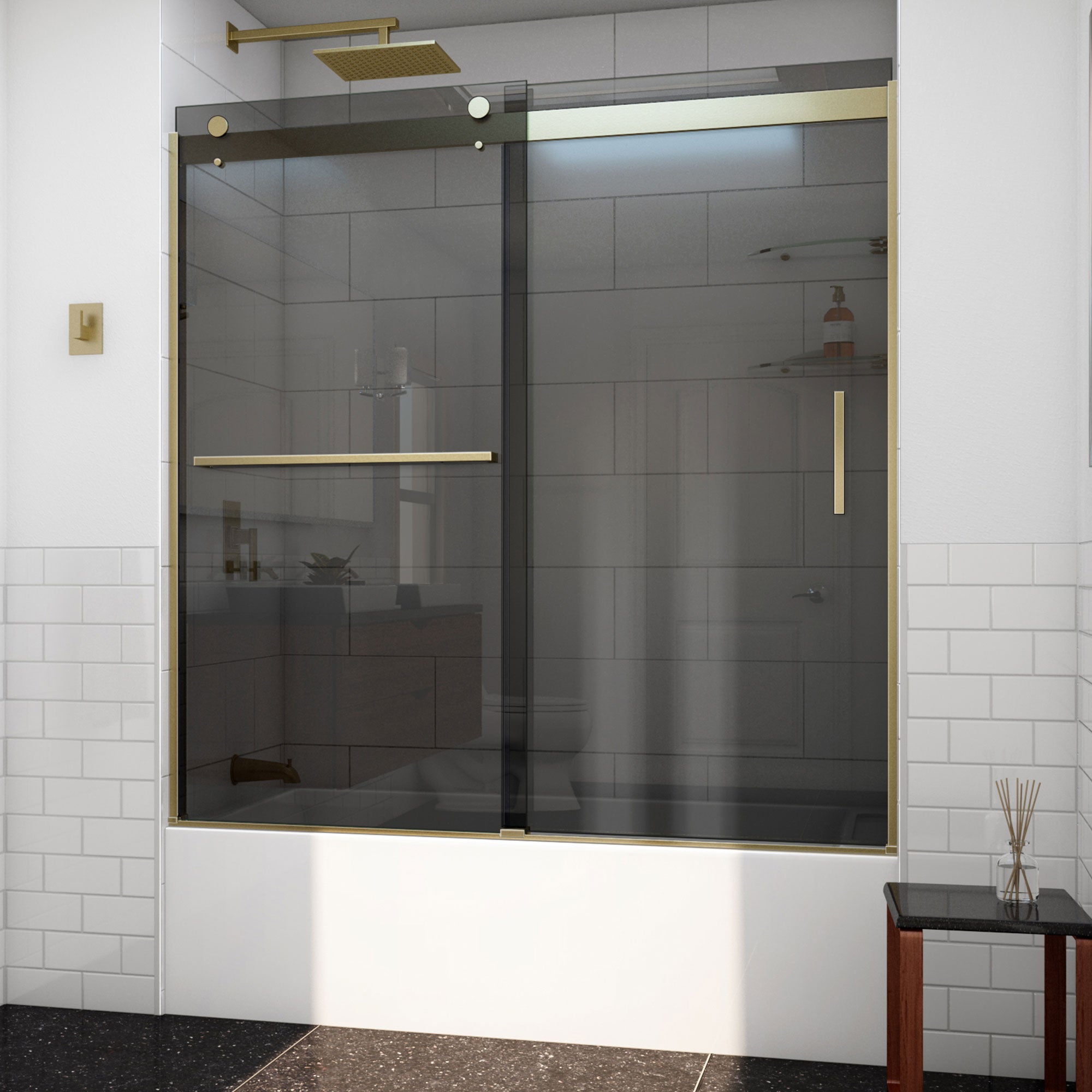 DreamLine, DreamLine TDVH60W620VXG05 Sapphire-V 56 - 60" W x 62" H Bypass Tub Door in Brushed Gold and Gray Glass