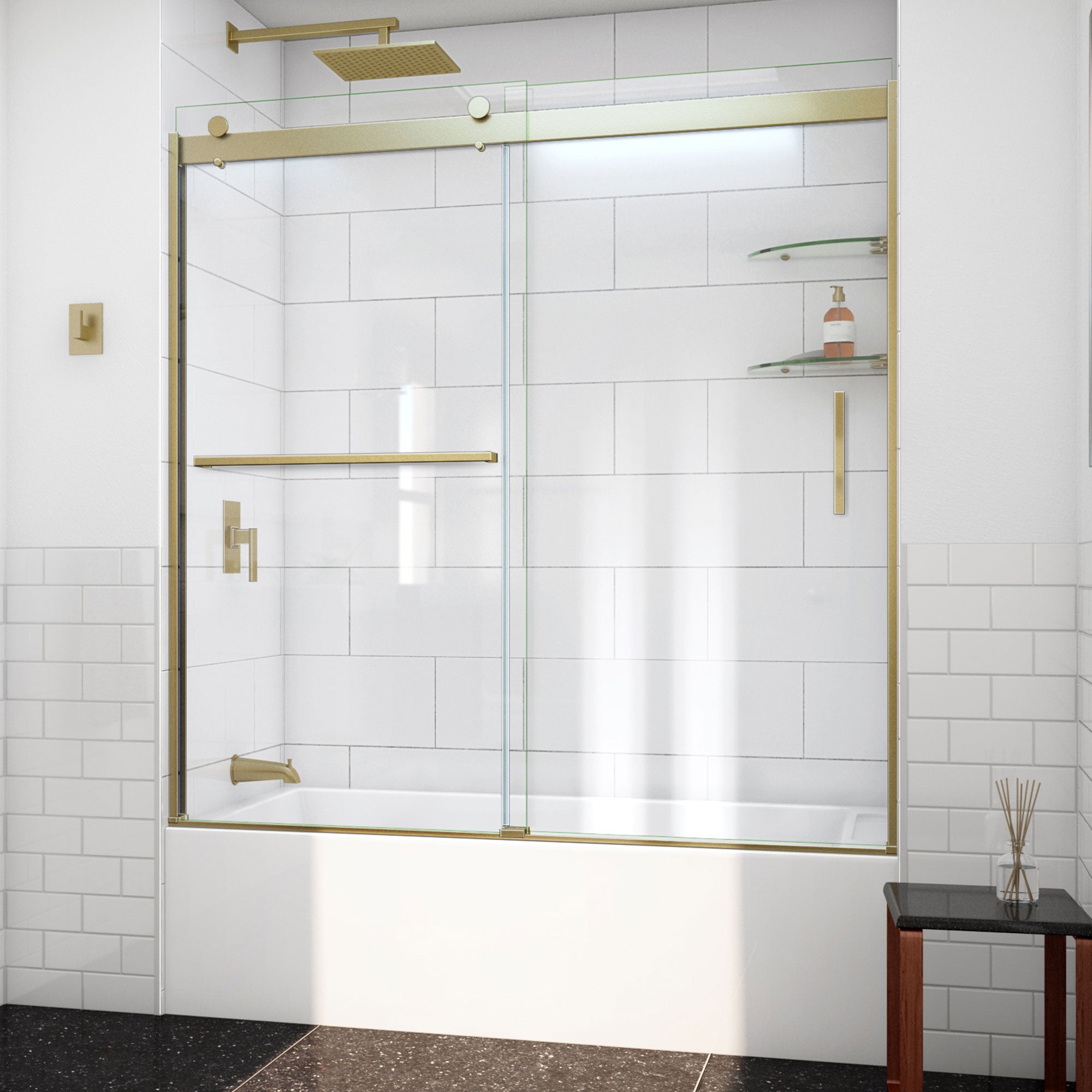 DreamLine, DreamLine TDVH60W620VXX05 Sapphire-V 56 - 60" W x 62" H Bypass Tub Door in Brushed Gold and Clear Glass