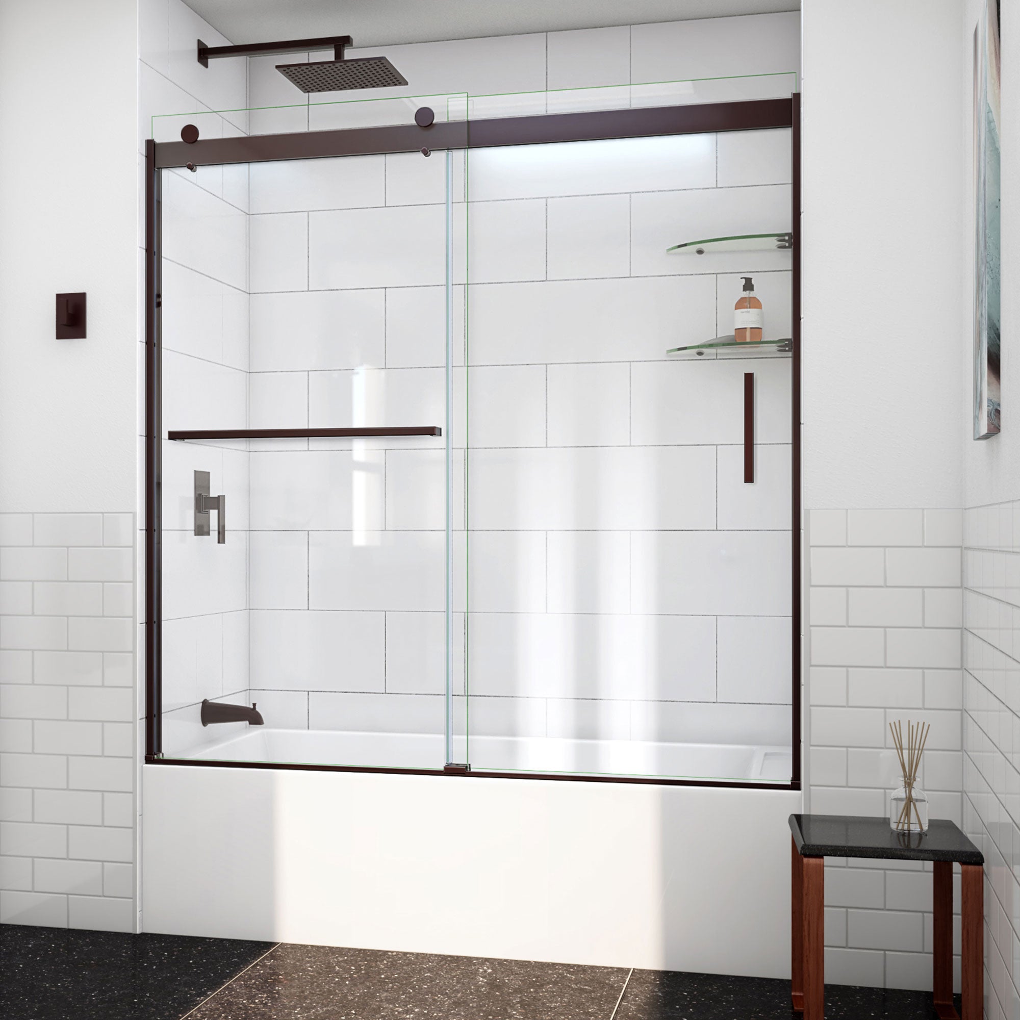 DreamLine, DreamLine TDVH60W620VXX06 Sapphire-V 56 - 60" W x 62" H Bypass Tub Door in Oil Rubbed Bronze and Clear Glass