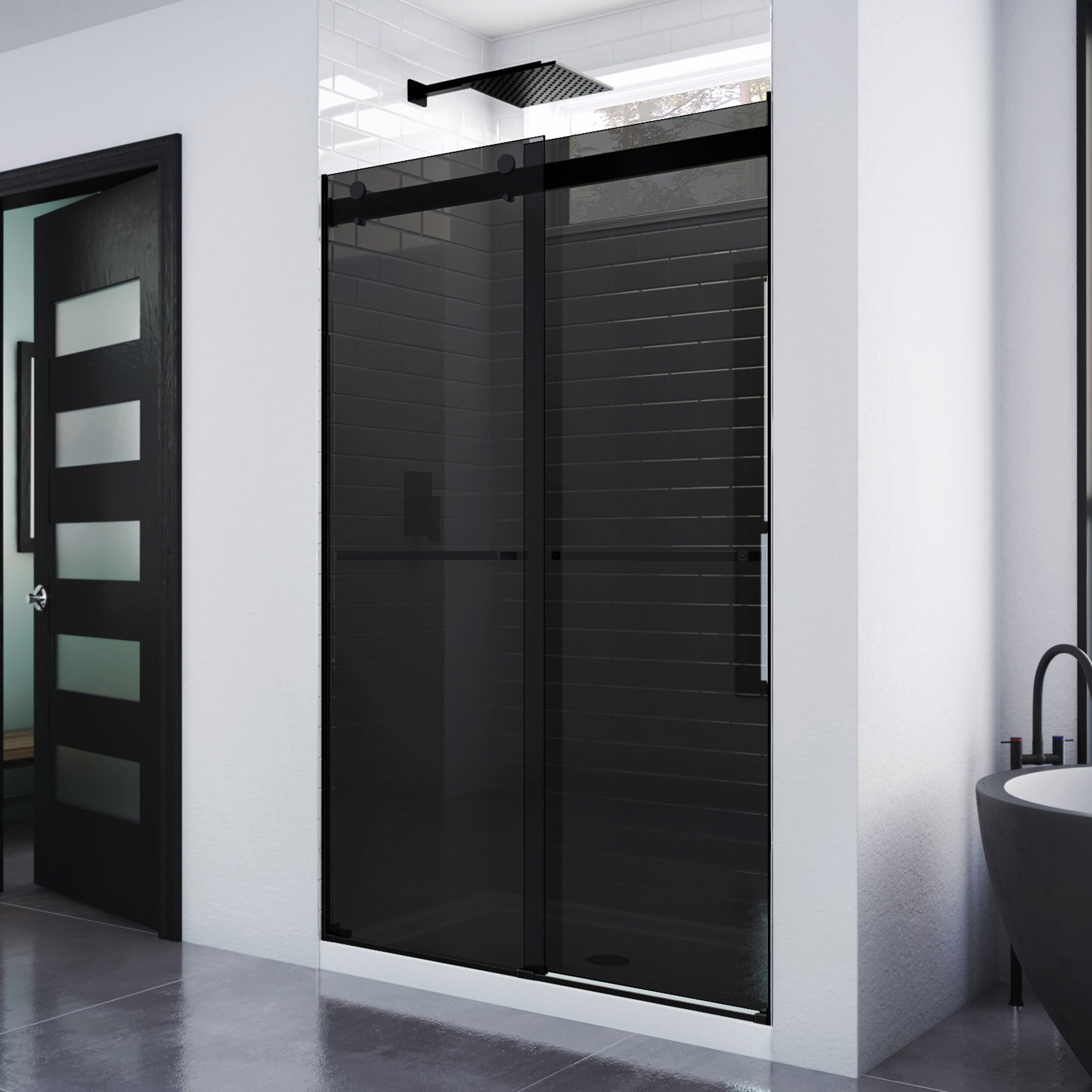 DreamLine, Dreamline SHDR-634876G-09 Essence 44-48" W x 76" H Frameless Smoke Gray Glass Bypass Shower Door in Satin Black