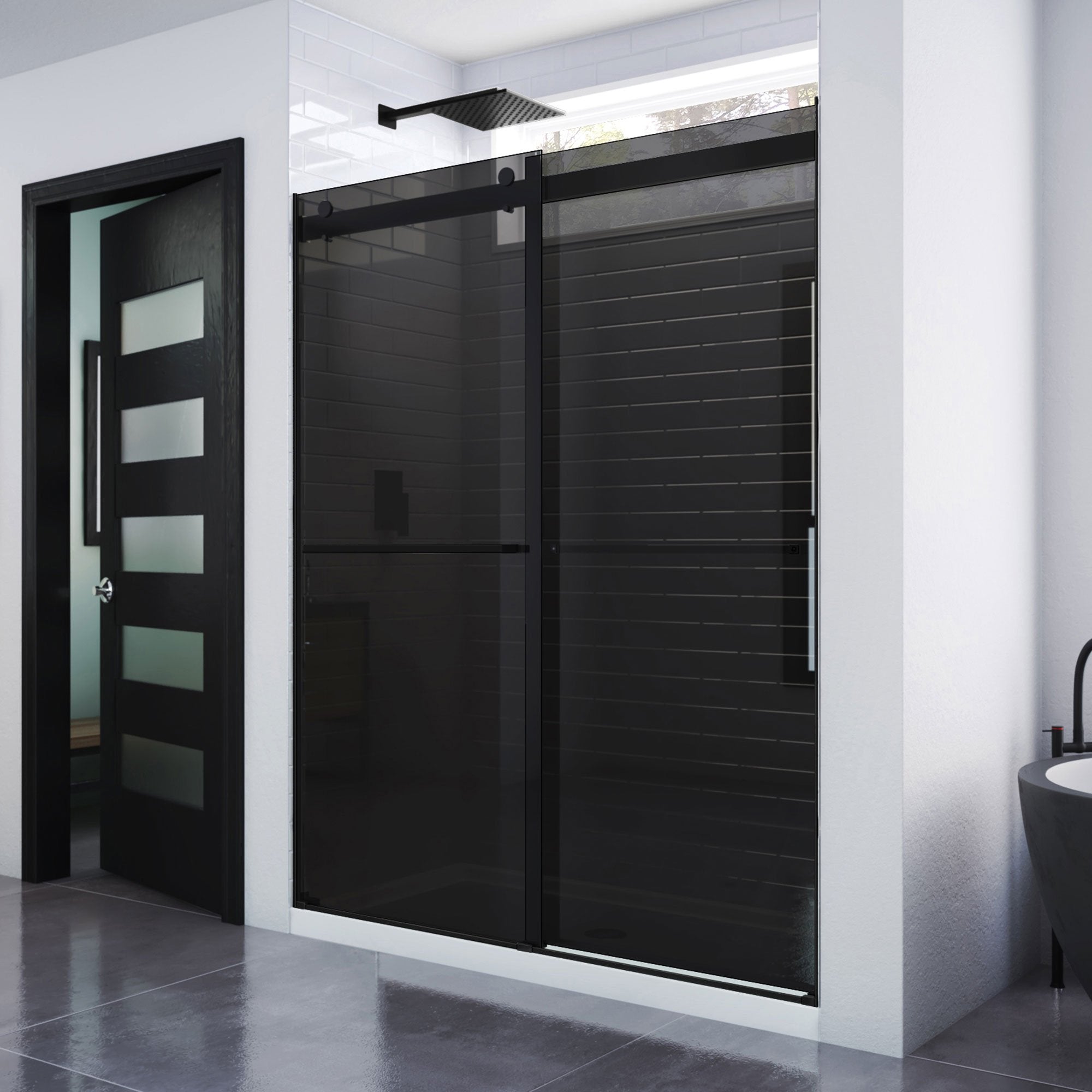 DreamLine, Dreamline SHDR-636076G-09 Essence 56-60" W x 76" H Frameless Smoke Gray Glass Bypass Shower Door in Satin Black