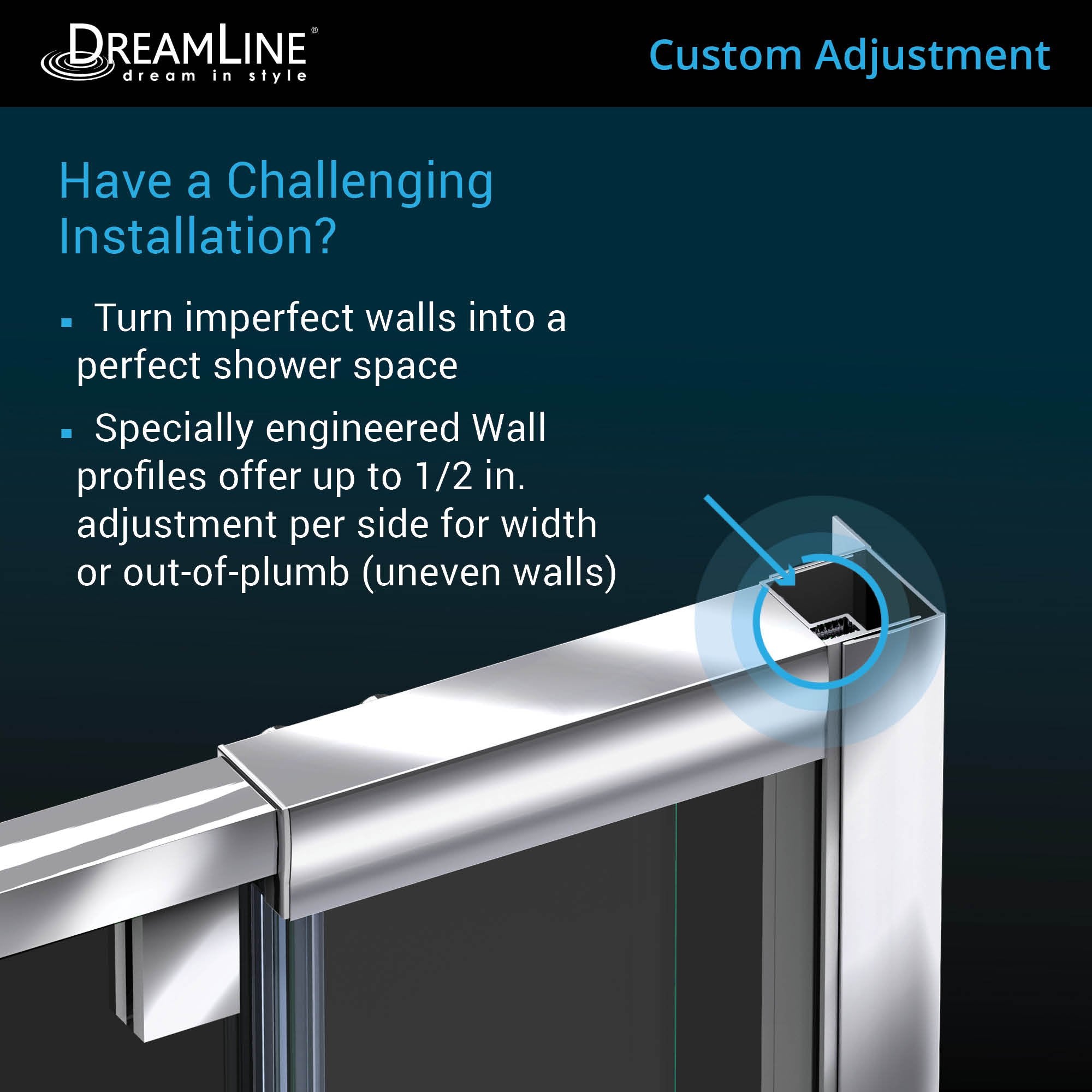 DreamLine, Dreamline SHDR22547200-01 Flex 50-54" W x 72" H Semi-Frameless Pivot Shower Door in Chrome