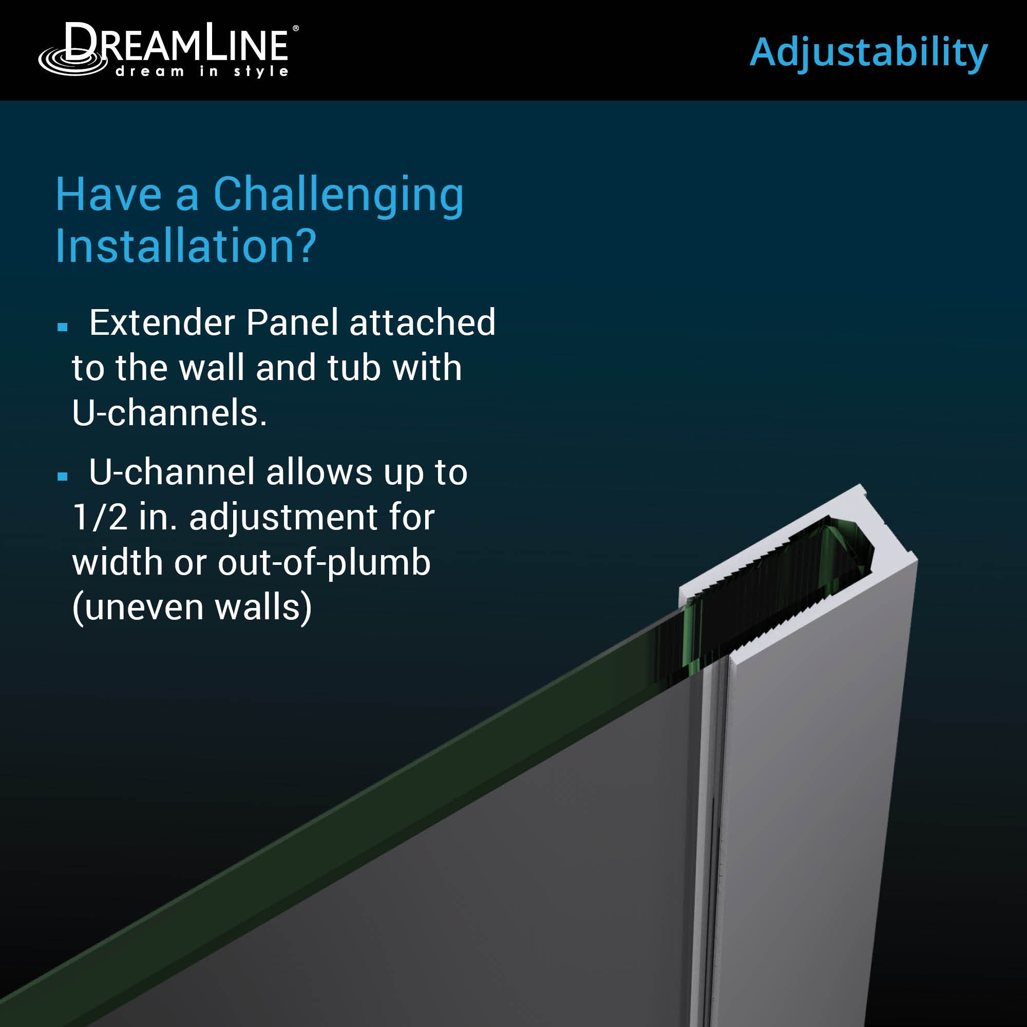 DreamLine, Dreamline SHDR3534586EX09 Aqua Uno 56-60" W x 58" H Frameless Hinged Tub Door with Extender Panel in Satin Black