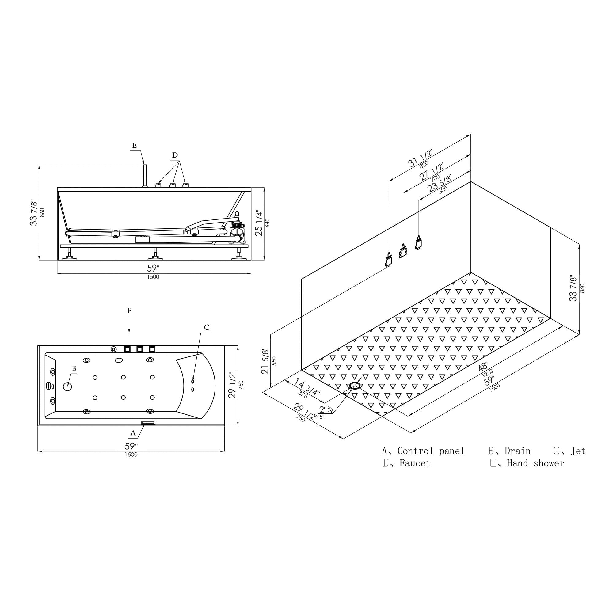 EAGO, EAGO AM154ETL-L5 5 ft Acrylic White Rectangular Whirlpool Bathtub with Fixtures