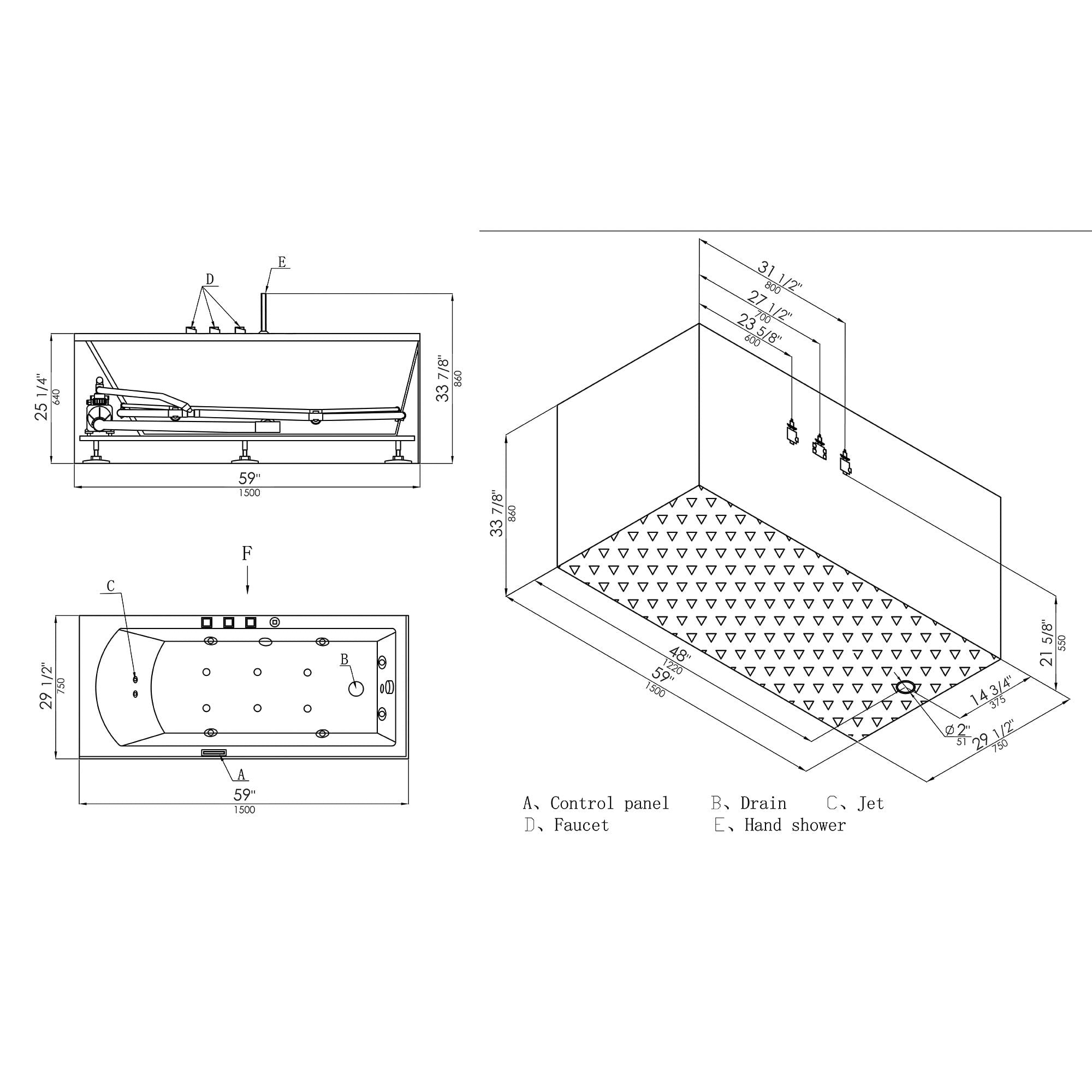 EAGO, EAGO AM154ETL-R5 5 ft Acrylic White Rectangular Whirlpool Bathtub with Fixtures