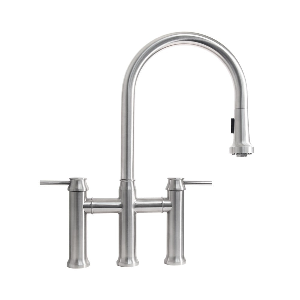 Whitehaus, Whitehaus WHS6900-PDK-BSS Waterhaus Stainless Steel Bridge Faucet with a Gooseneck Swivel Spout