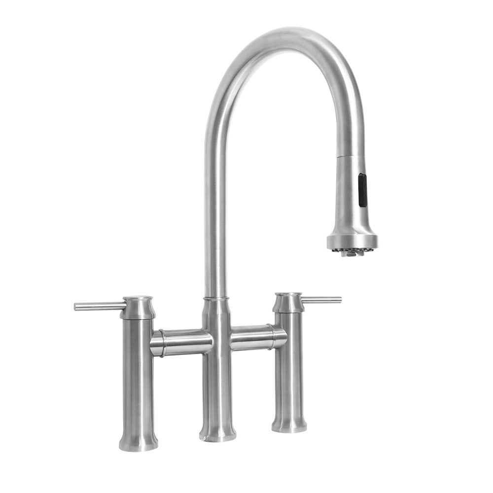 Whitehaus, Whitehaus WHS6900-PDK-BSS Waterhaus Stainless Steel Bridge Faucet with a Gooseneck Swivel Spout